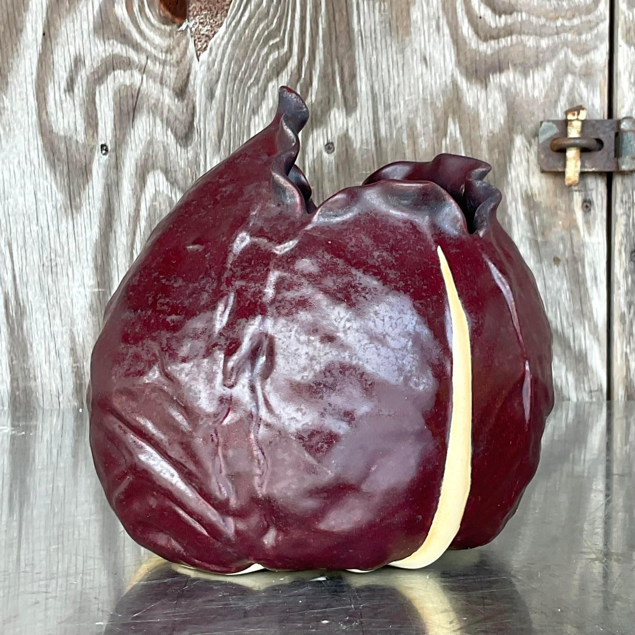 Vintage Boho Hand Made Studio Pottery Purple Cabbage Vase For Sale 1