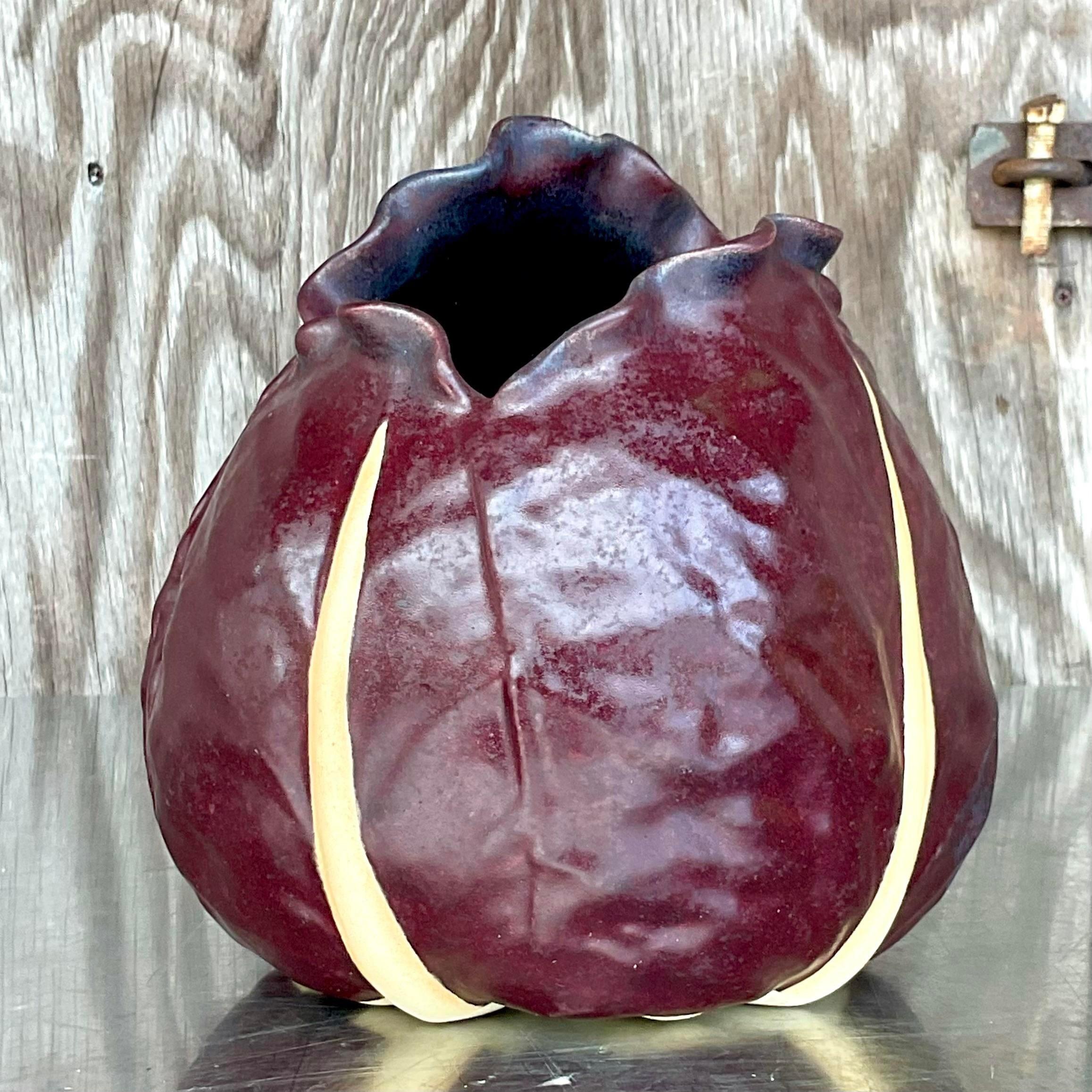 Vintage Boho Hand Made Studio Pottery Purple Cabbage Vase For Sale 2