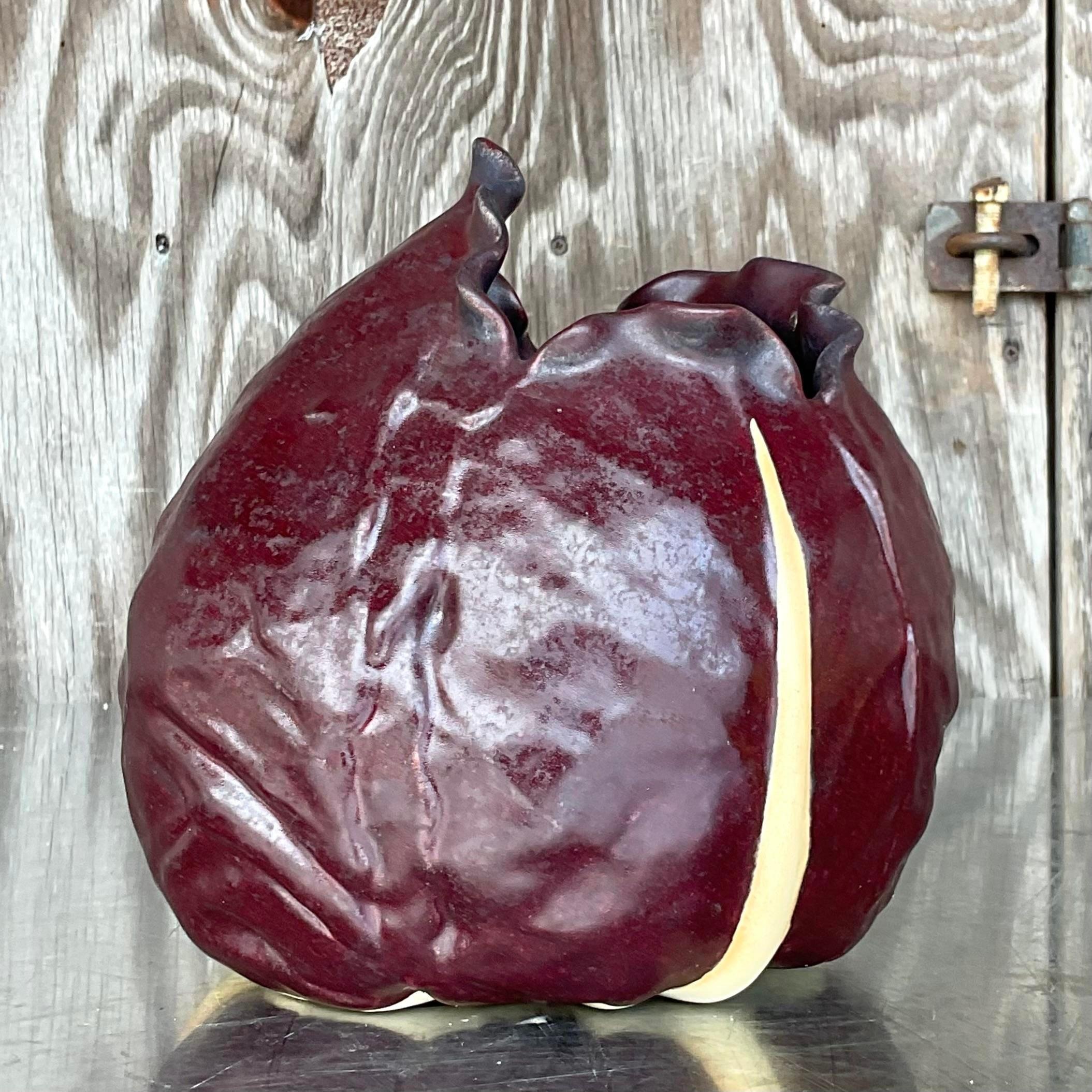Vintage Boho Hand Made Studio Pottery Purple Cabbage Vase For Sale 3