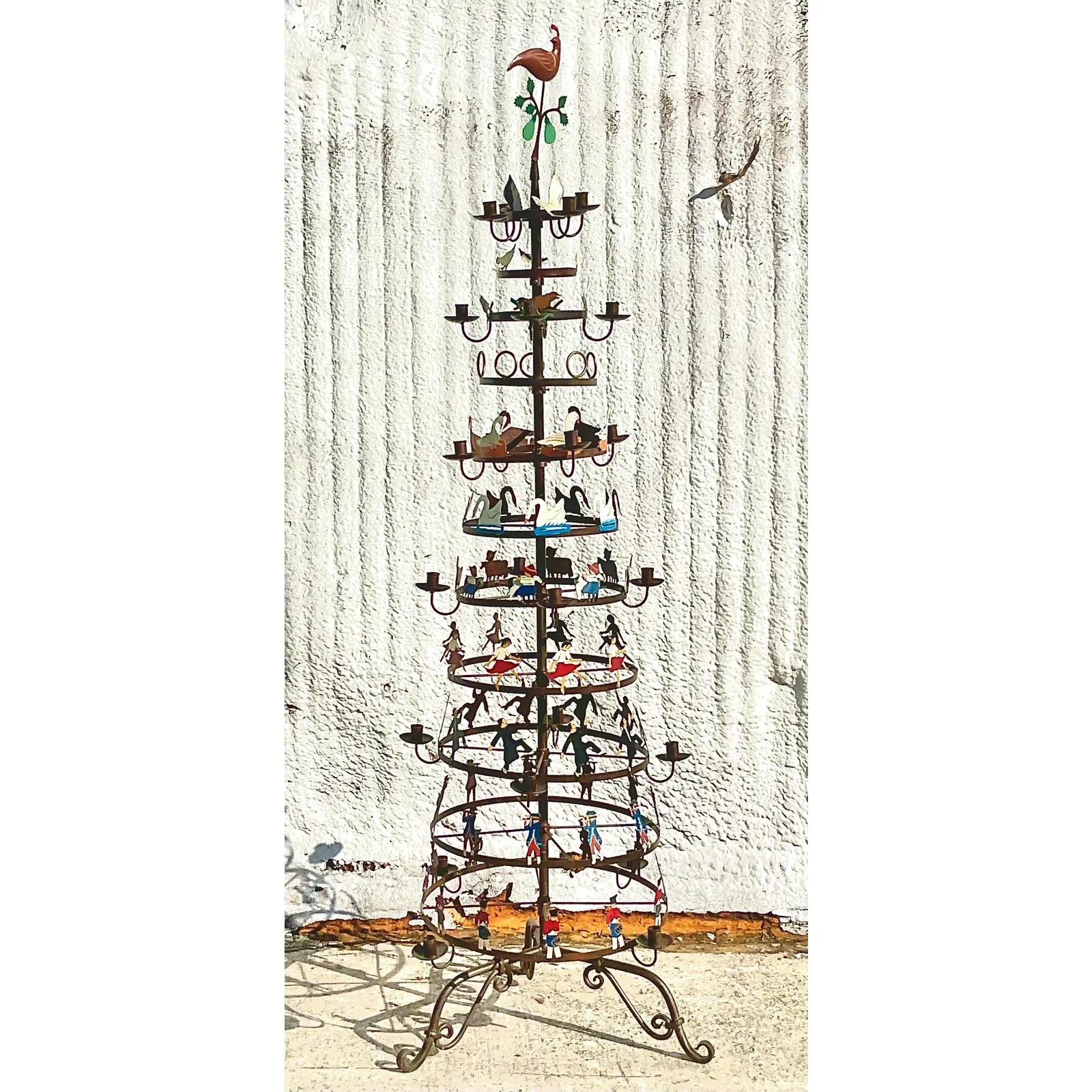 20th Century Vintage Boho Hand Painted “12 Days of Christmas” Tree