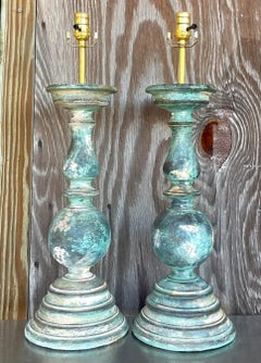 Vintage Boho Hand Painted Balustrade Lamps - a Pair