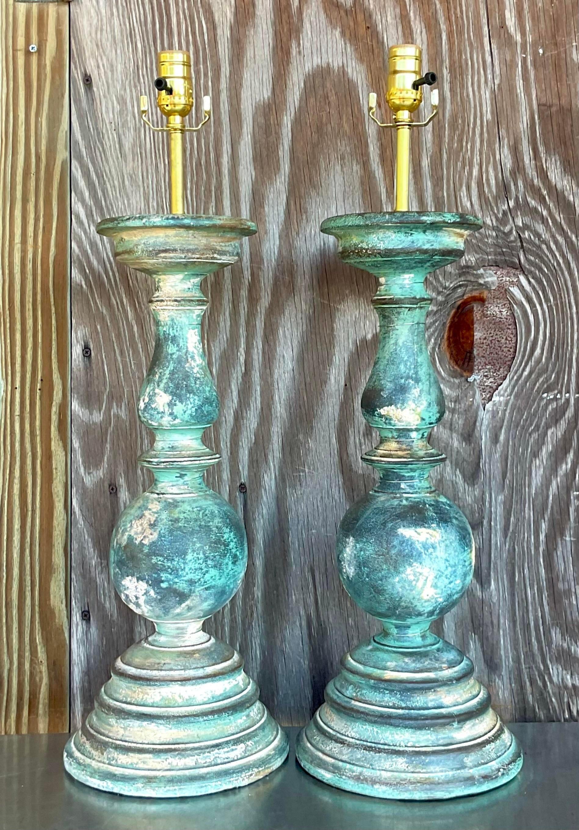 Mid-Century Modern Vintage Boho Hand Painted Balustrade Lamps - a Pair For Sale