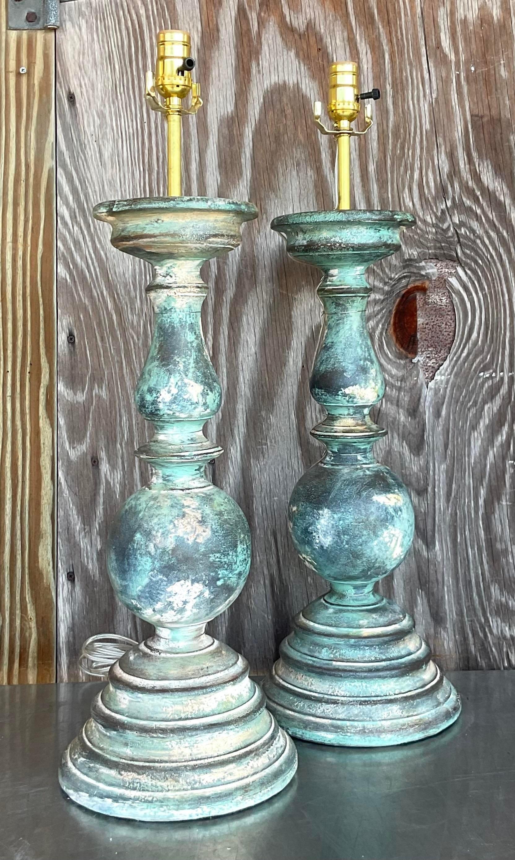 American Vintage Boho Hand Painted Balustrade Lamps - a Pair For Sale