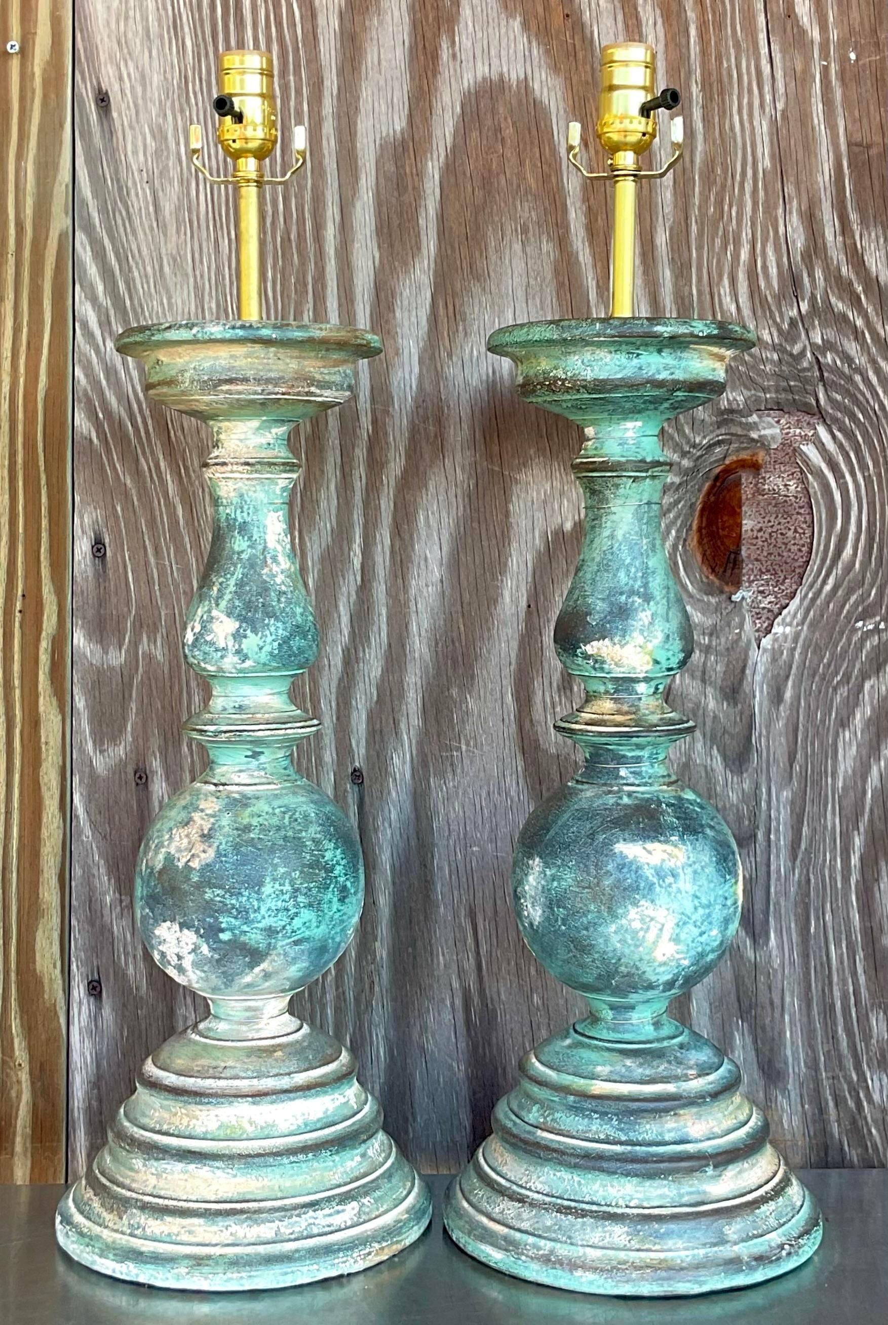 Vintage Boho Hand Painted Balustrade Lamps - a Pair In Good Condition For Sale In west palm beach, FL