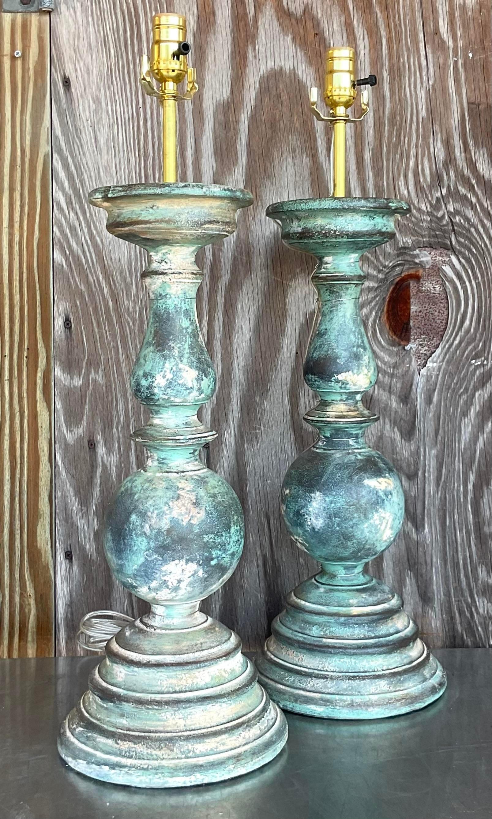 20th Century Vintage Boho Hand Painted Balustrade Lamps - a Pair For Sale