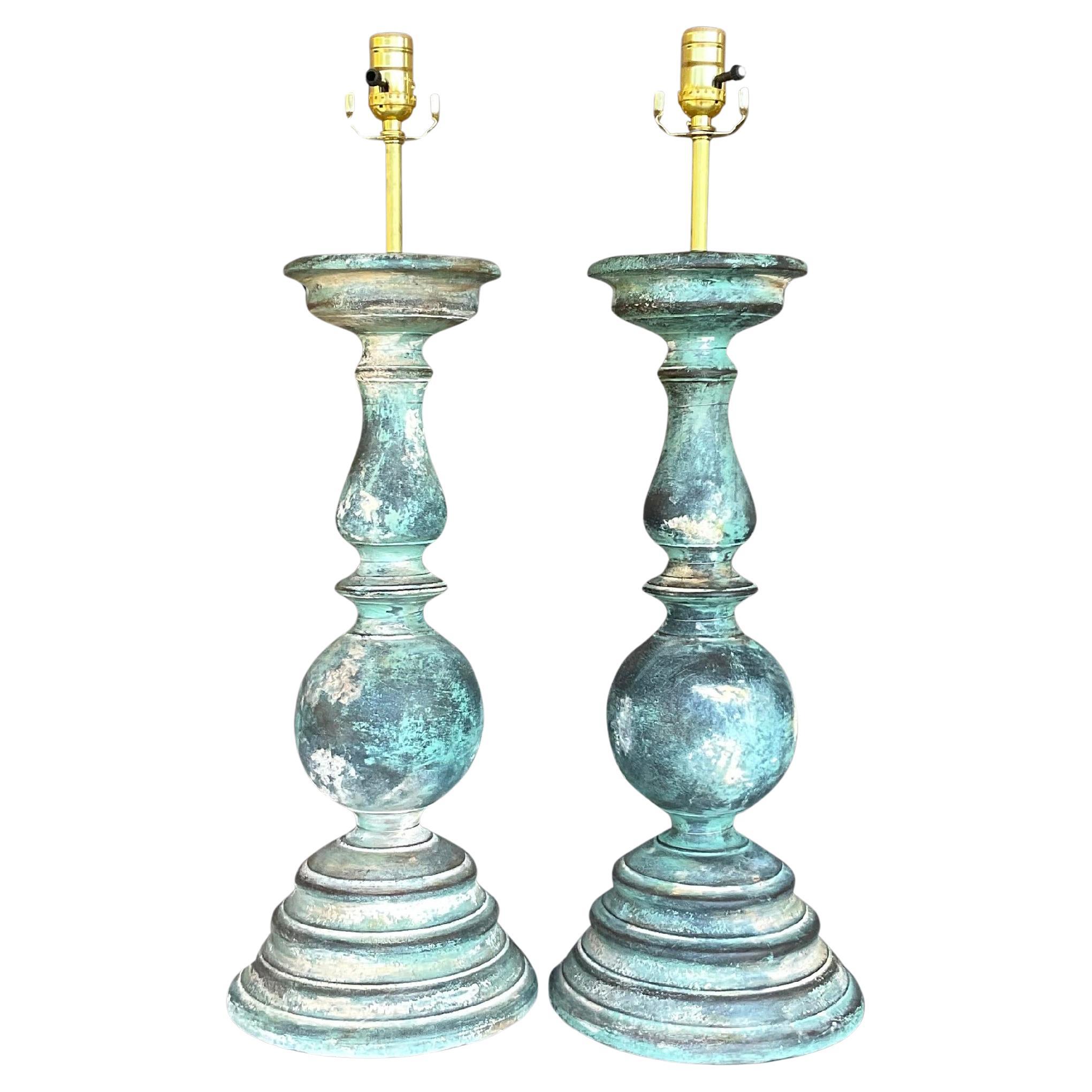 Vintage Boho Hand Painted Balustrade Lamps - a Pair