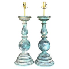 Retro Boho Hand Painted Balustrade Lamps - a Pair