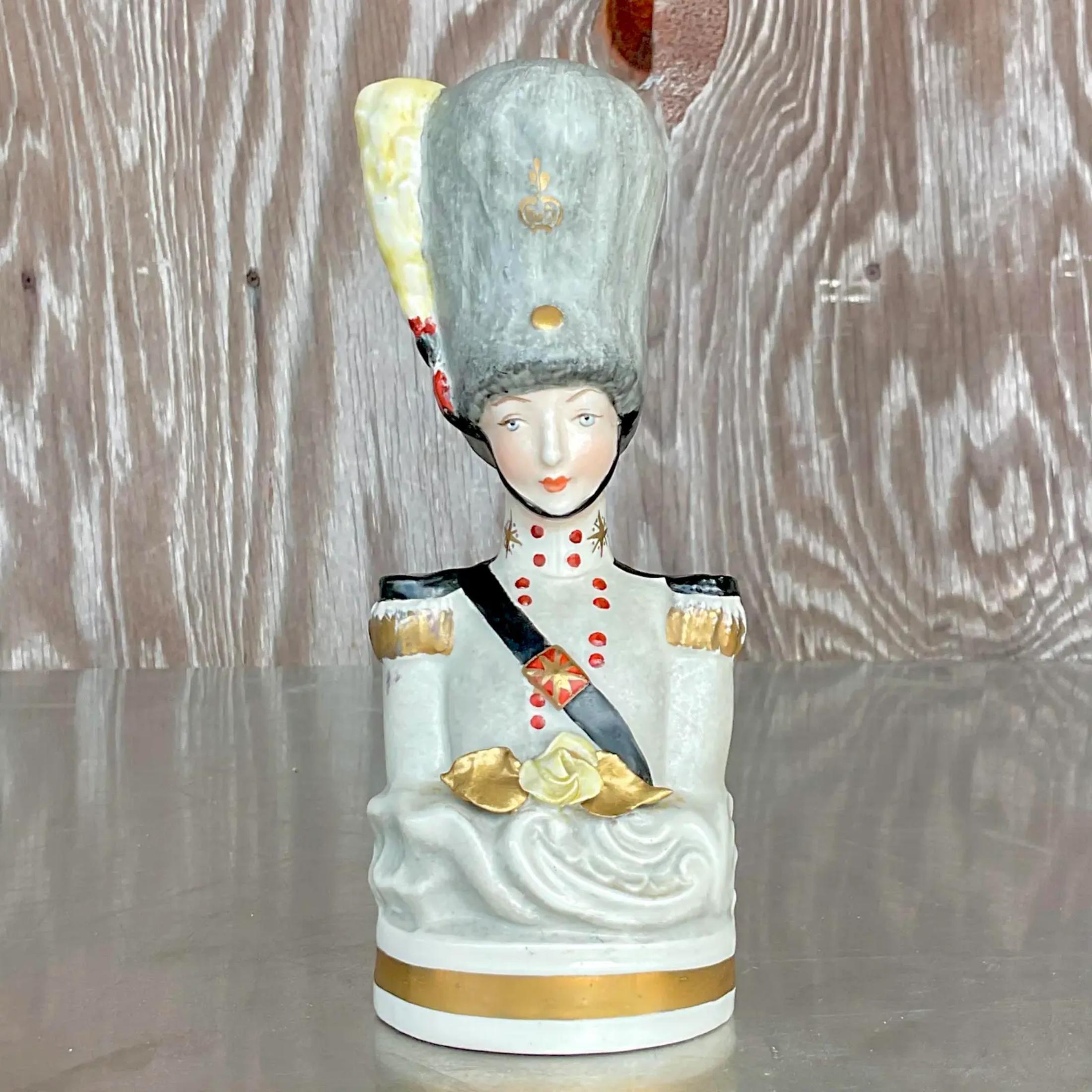 Vintage Boho Hand Painted Bust of Soldier For Sale 3