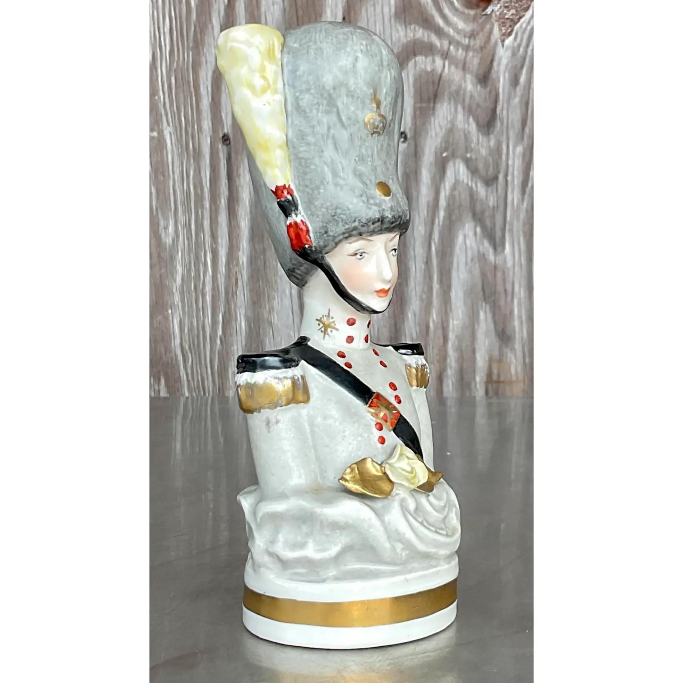 Vintage Boho Hand Painted Bust of Soldier In Good Condition For Sale In west palm beach, FL