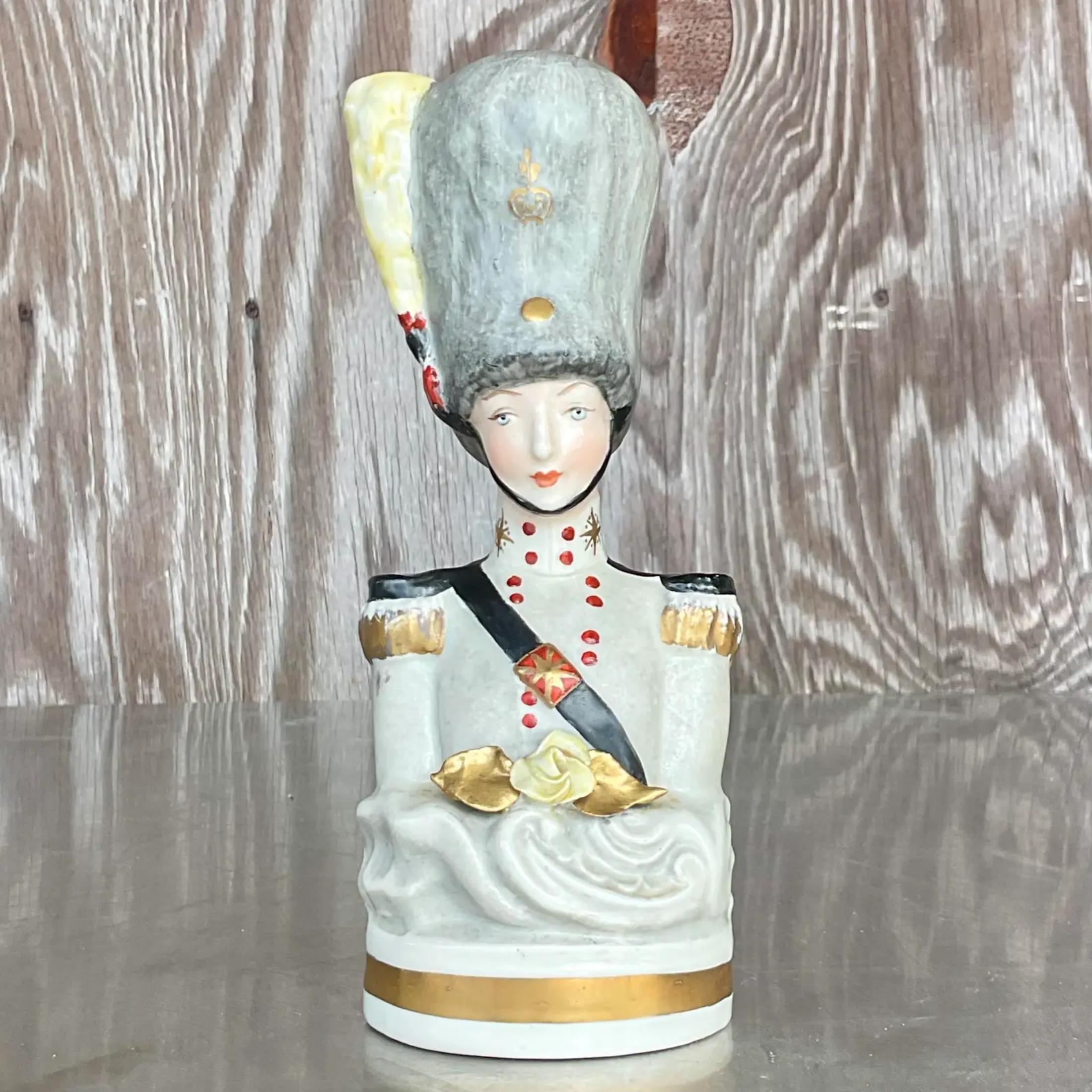 Porcelain Vintage Boho Hand Painted Bust of Soldier For Sale