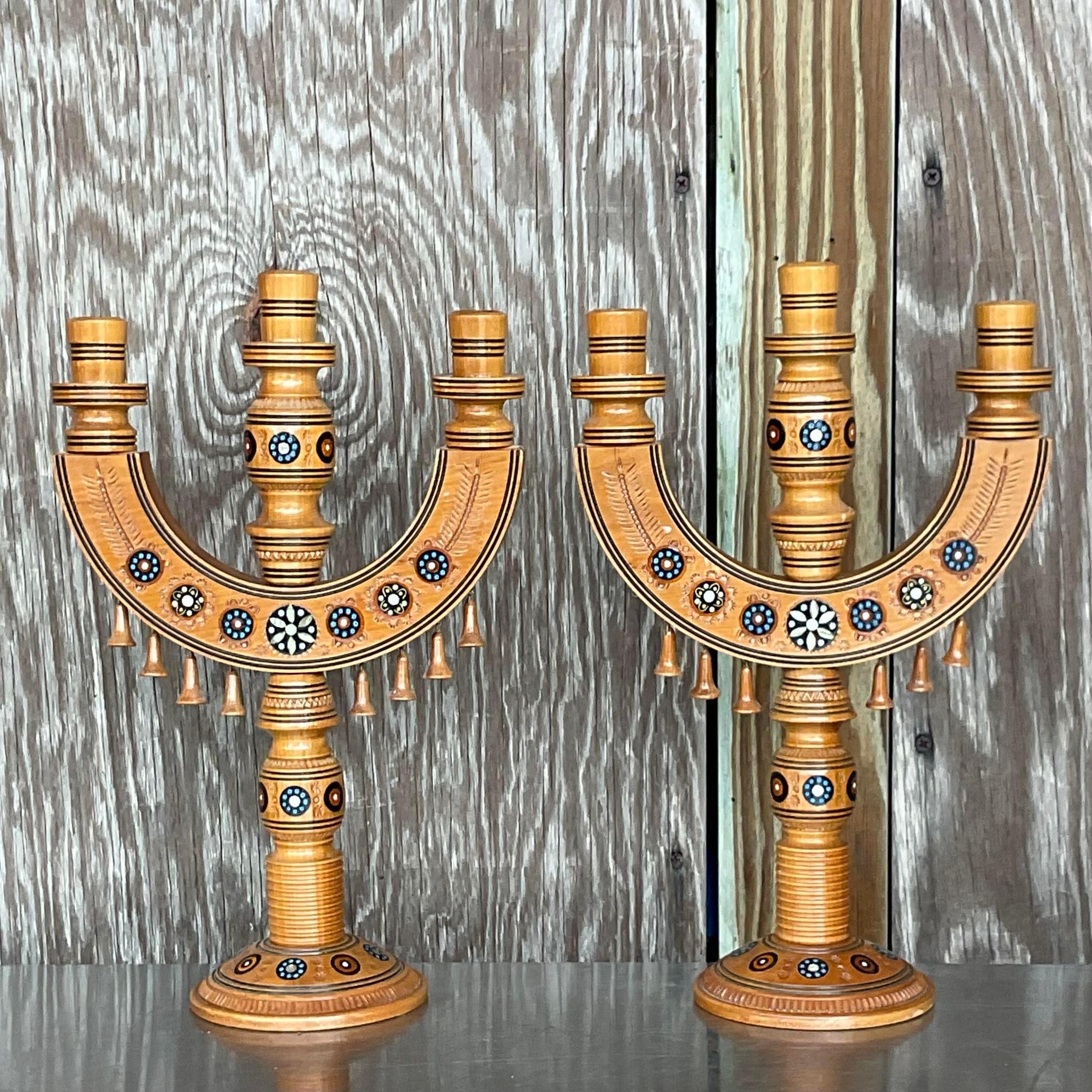 American Vintage Boho Hand Painted Candelabra - a Pair For Sale