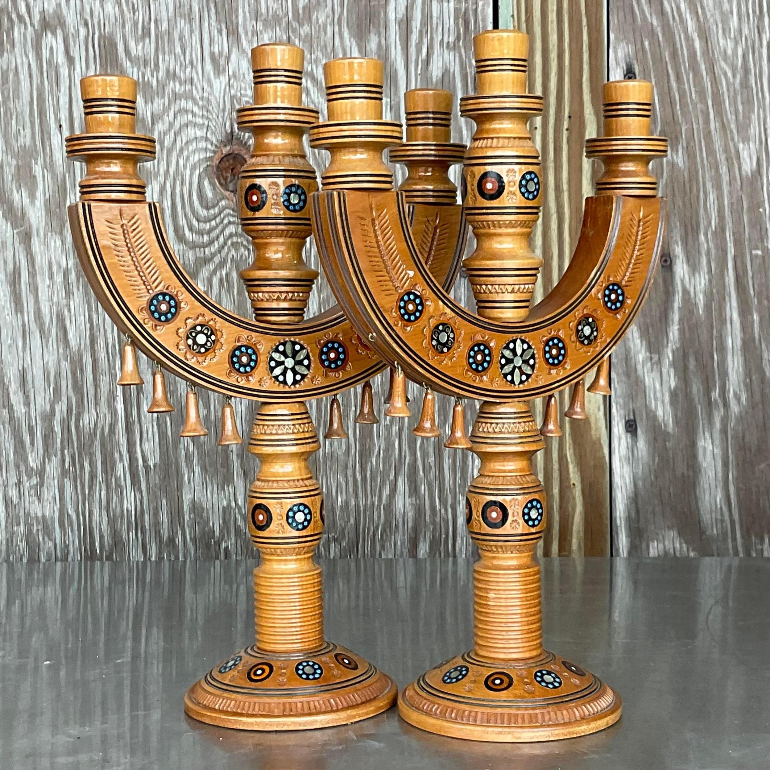 Vintage Boho Hand Painted Candelabra - a Pair In Good Condition For Sale In west palm beach, FL