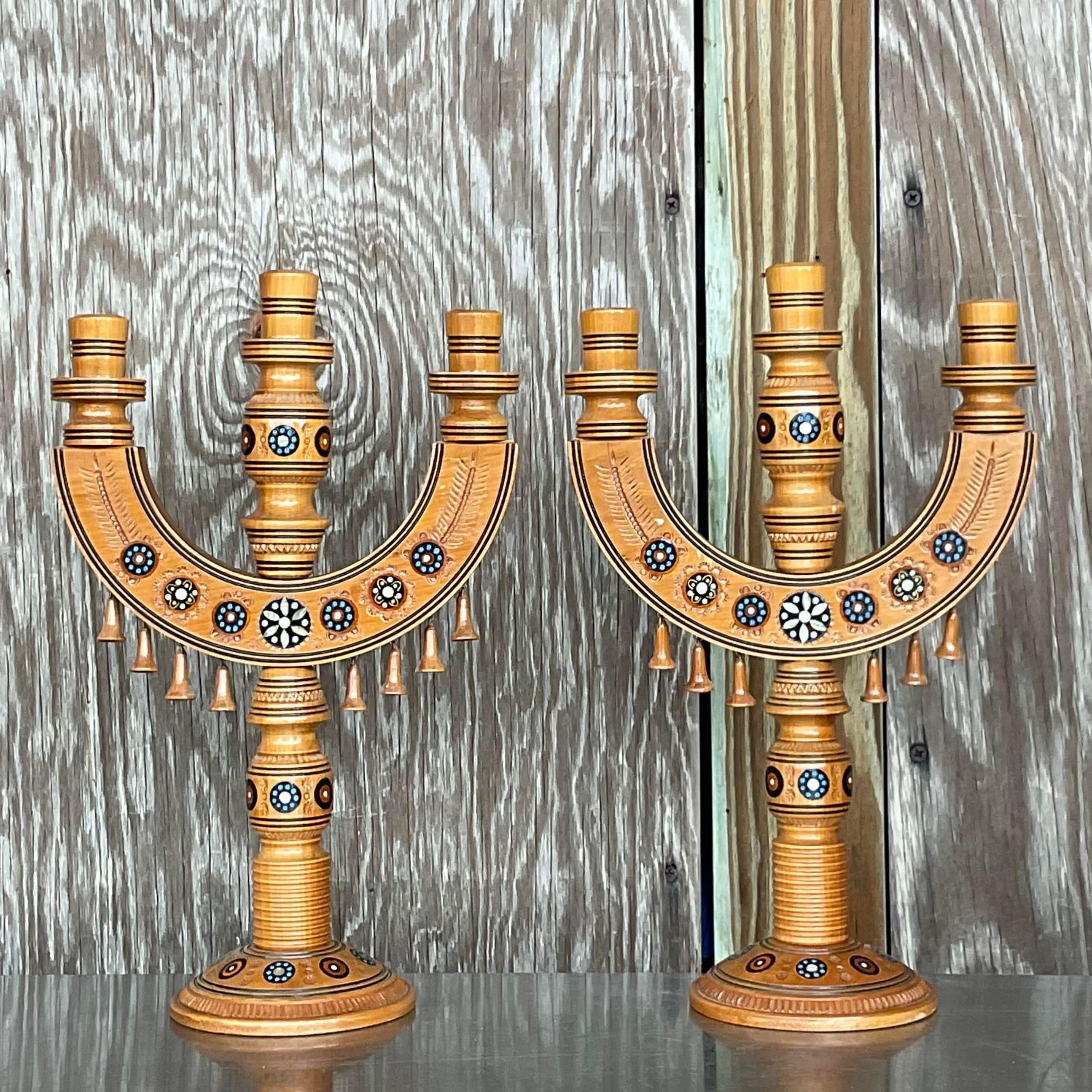 20th Century Vintage Boho Hand Painted Candelabra - a Pair For Sale