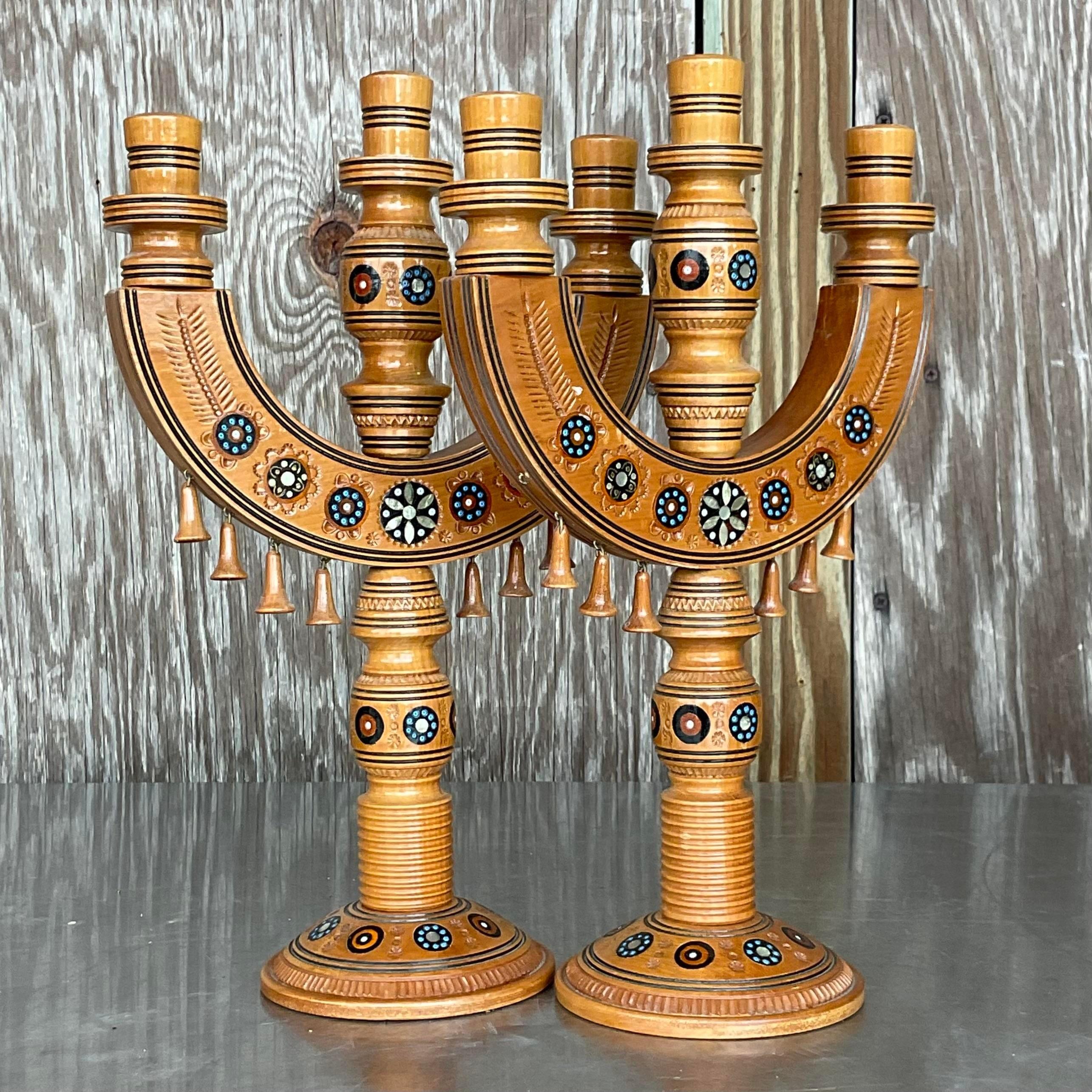 Wood Vintage Boho Hand Painted Candelabra - a Pair For Sale