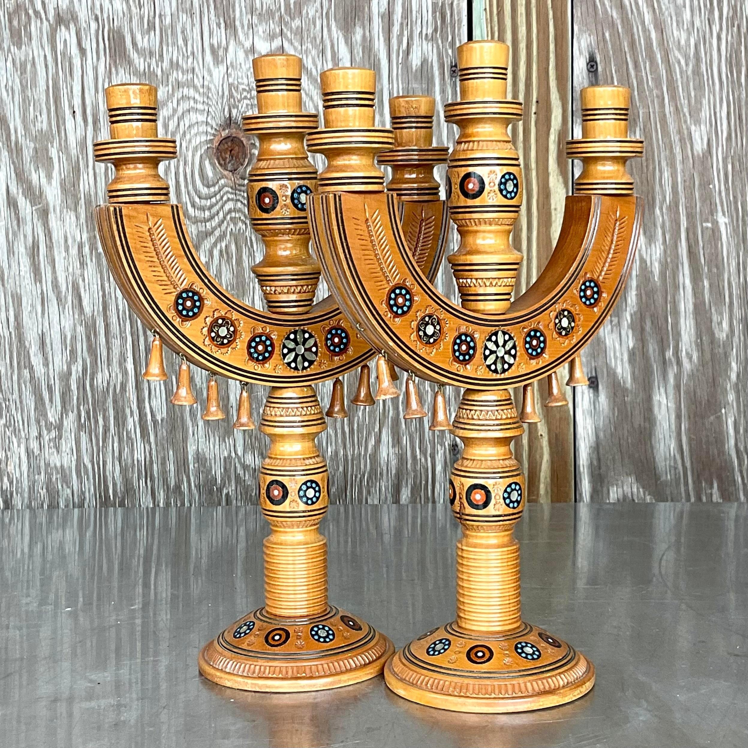 Vintage Boho Hand Painted Candelabra - a Pair For Sale 1