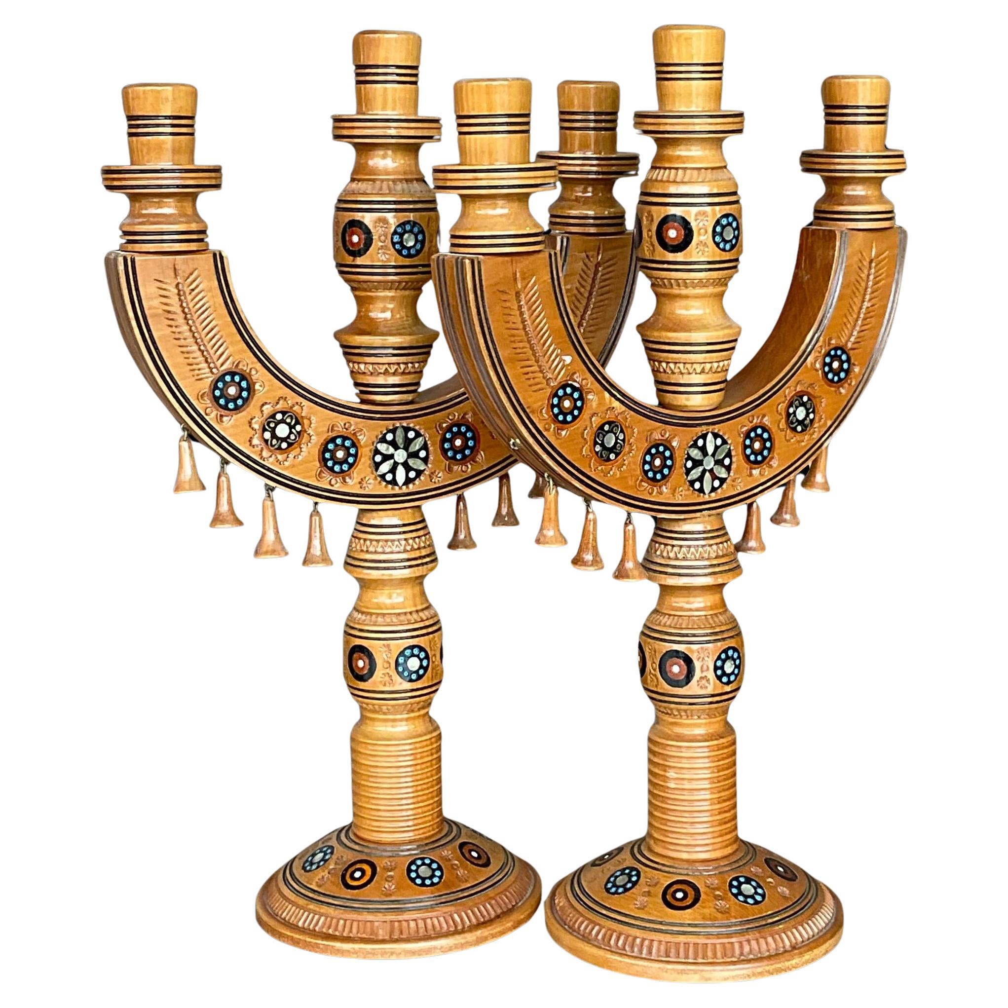 Vintage Boho Hand Painted Candelabra - a Pair