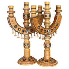 Vintage Boho Hand Painted Candelabra - a Pair