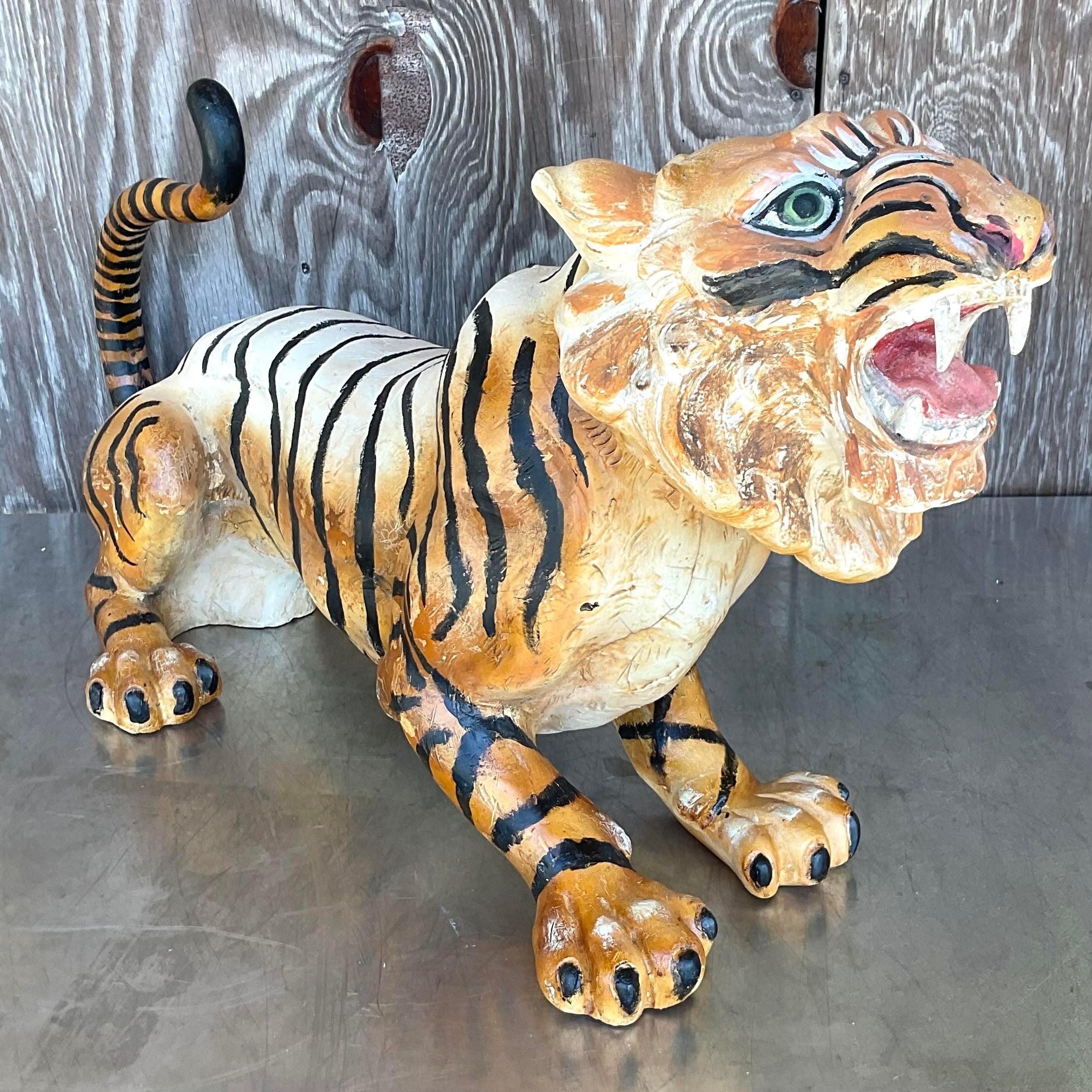 An exceptional vintage Boho tiger. A chic hand painted wood composite carnival cat with beautiful attention to detail. Monumental in size and drama. Acquired from a Palm Beach estate.