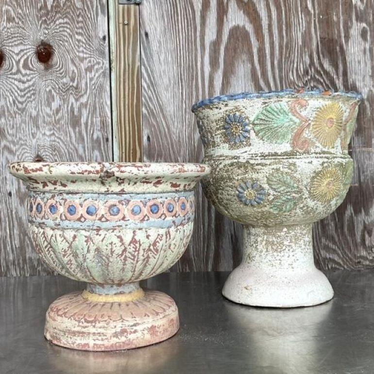 Vintage Boho Hand Painted. Cast Concrete Planters - Set of 2 For Sale 5