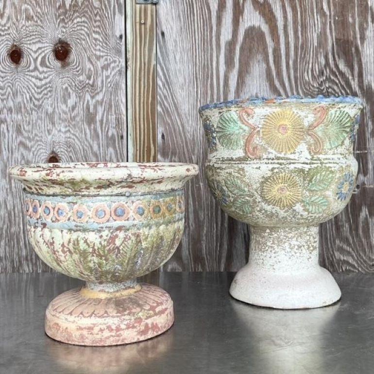 American Vintage Boho Hand Painted. Cast Concrete Planters - Set of 2 For Sale