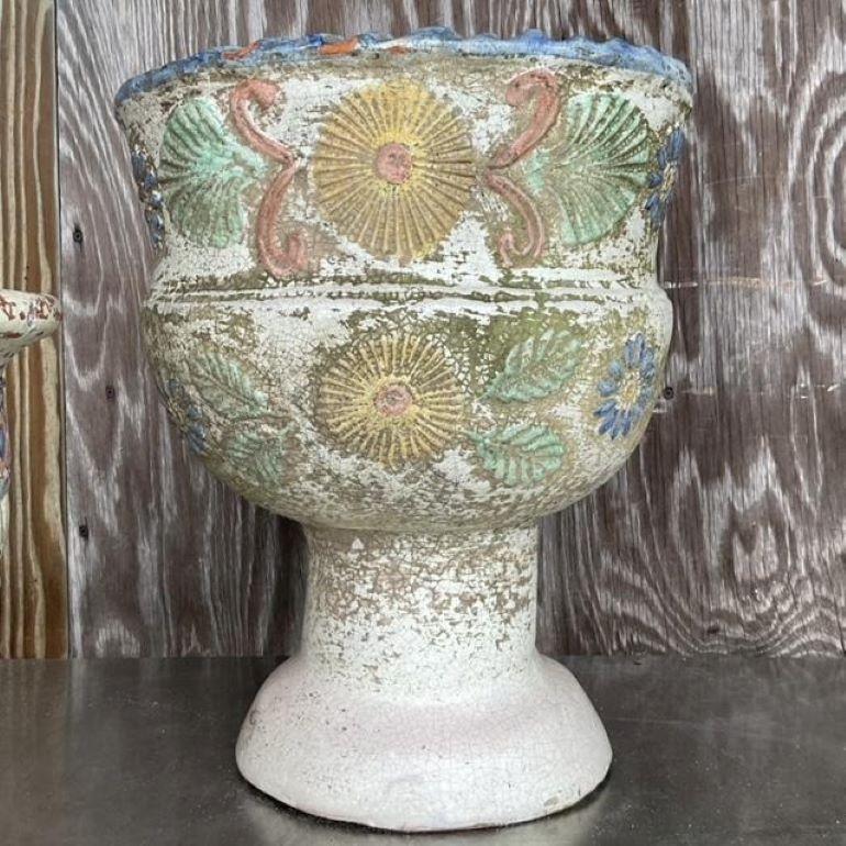 Vintage Boho Hand Painted. Cast Concrete Planters - Set of 2 In Good Condition For Sale In west palm beach, FL