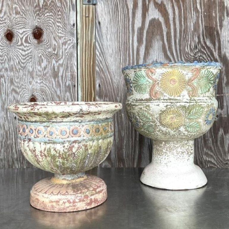 20th Century Vintage Boho Hand Painted. Cast Concrete Planters - Set of 2 For Sale