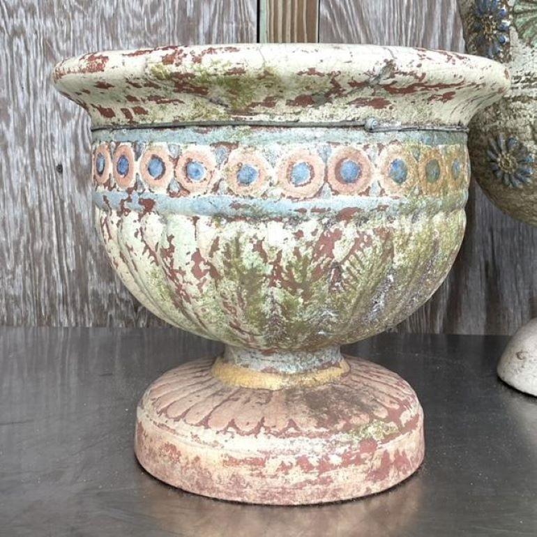 Vintage Boho Hand Painted. Cast Concrete Planters - Set of 2 For Sale 1