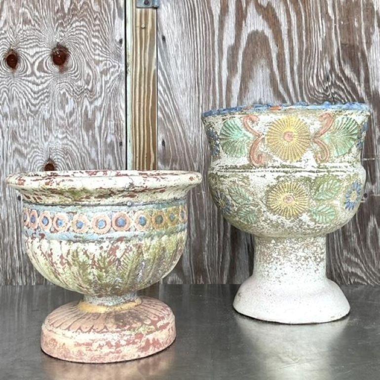 Vintage Boho Hand Painted. Cast Concrete Planters - Set of 2 For Sale 2