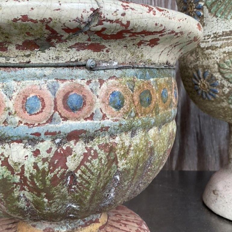Vintage Boho Hand Painted. Cast Concrete Planters - Set of 2 For Sale 3