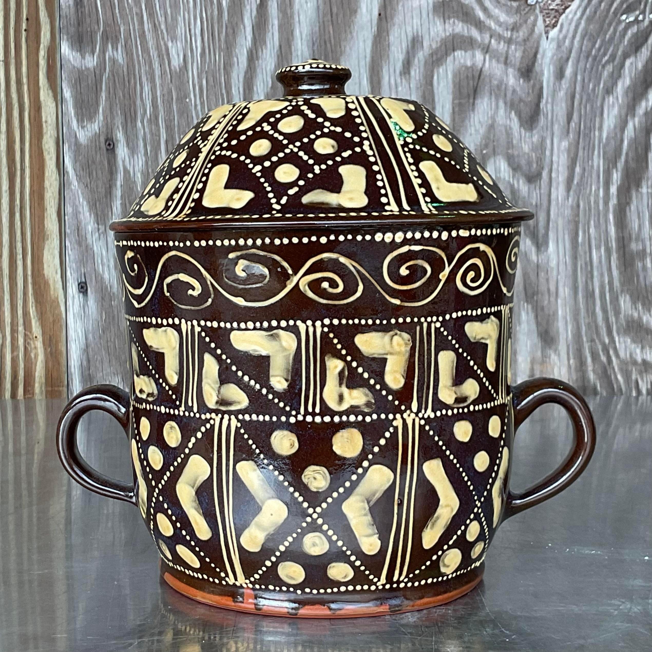 Handbemalter Vintage Boho Schokoladentopf aus Keramik im Zustand „Gut“ im Angebot in west palm beach, FL