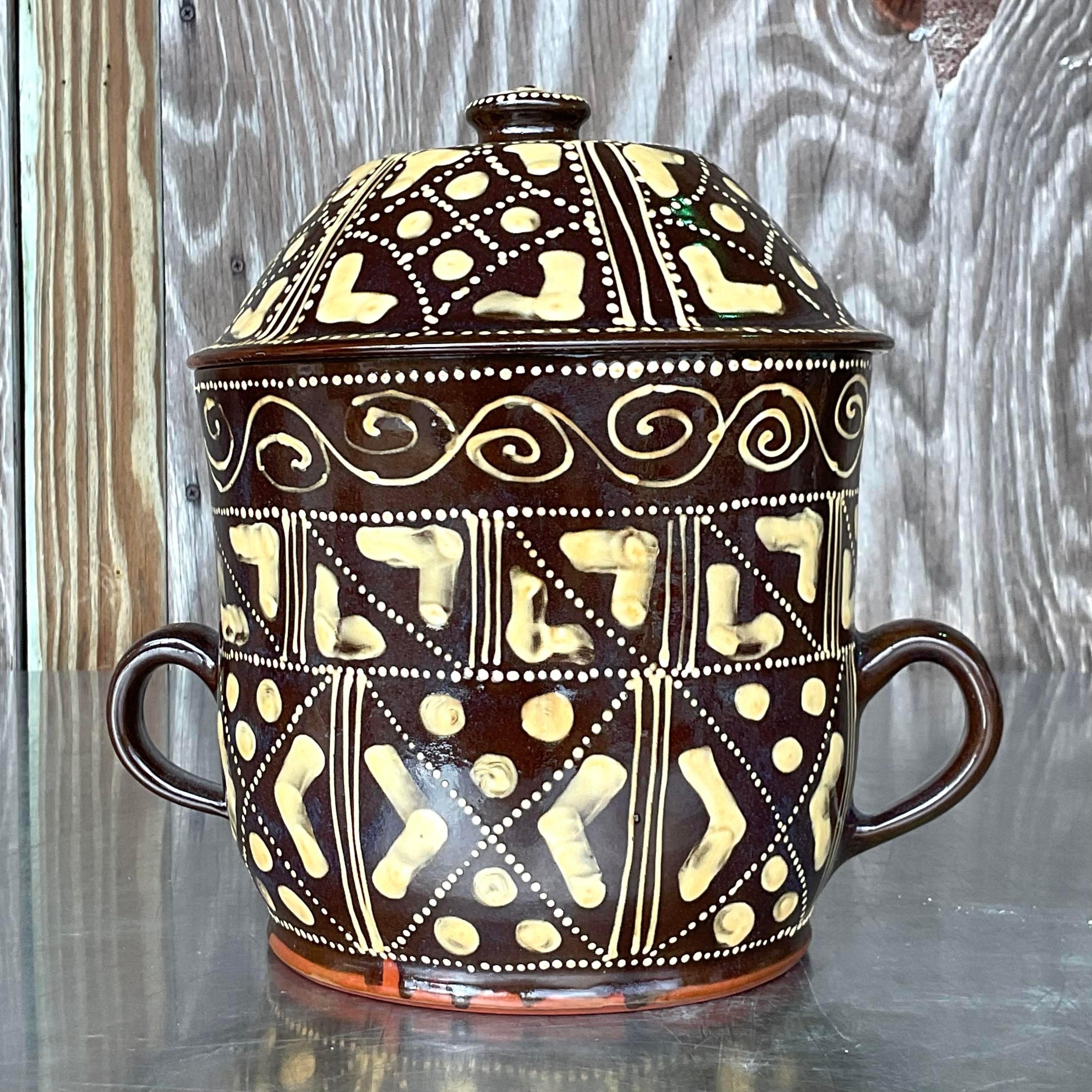 20th Century Vintage Boho Hand Painted Ceramic Chocolate Pot For Sale