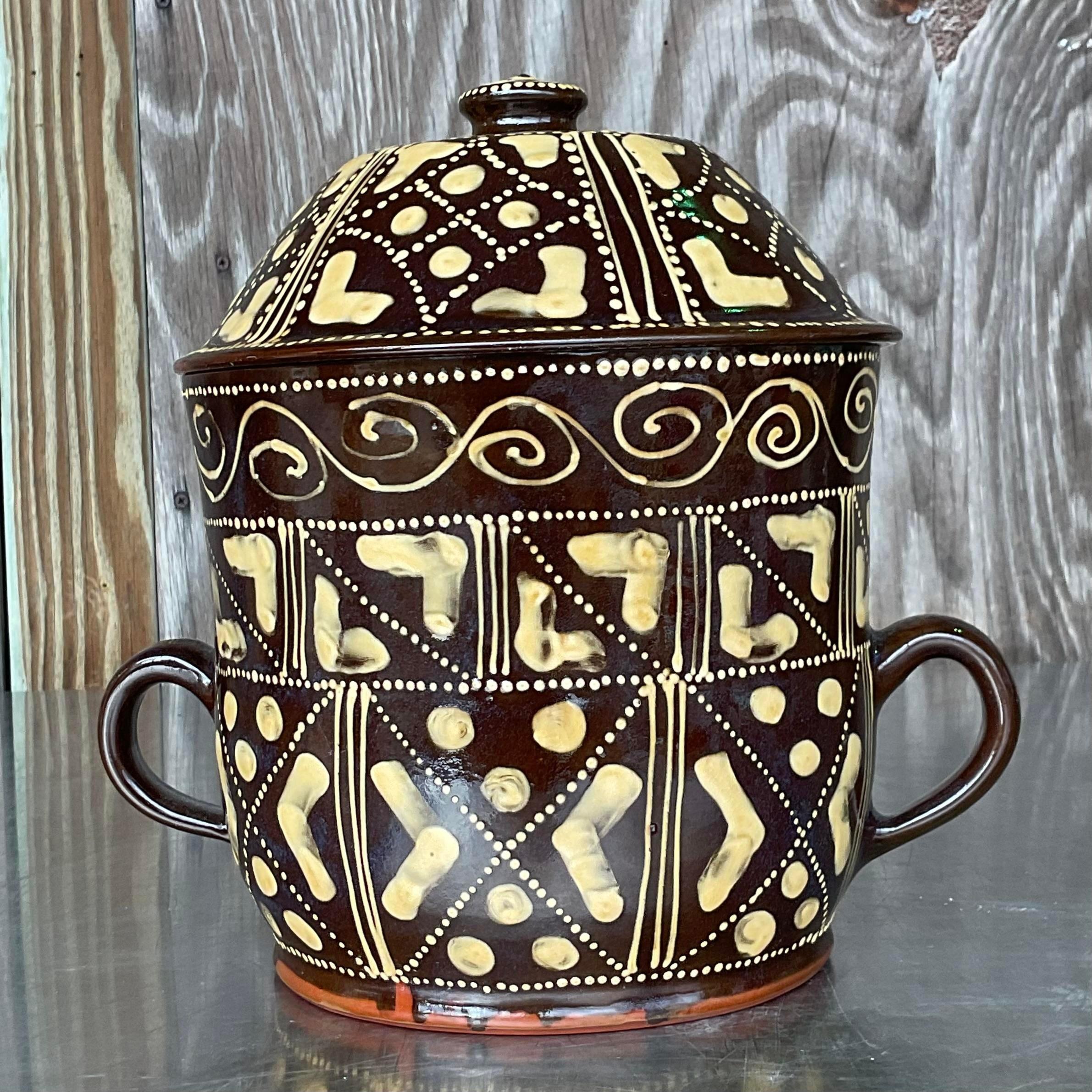 Céramique Pot à chocolat vintage Boho peint à la main en vente