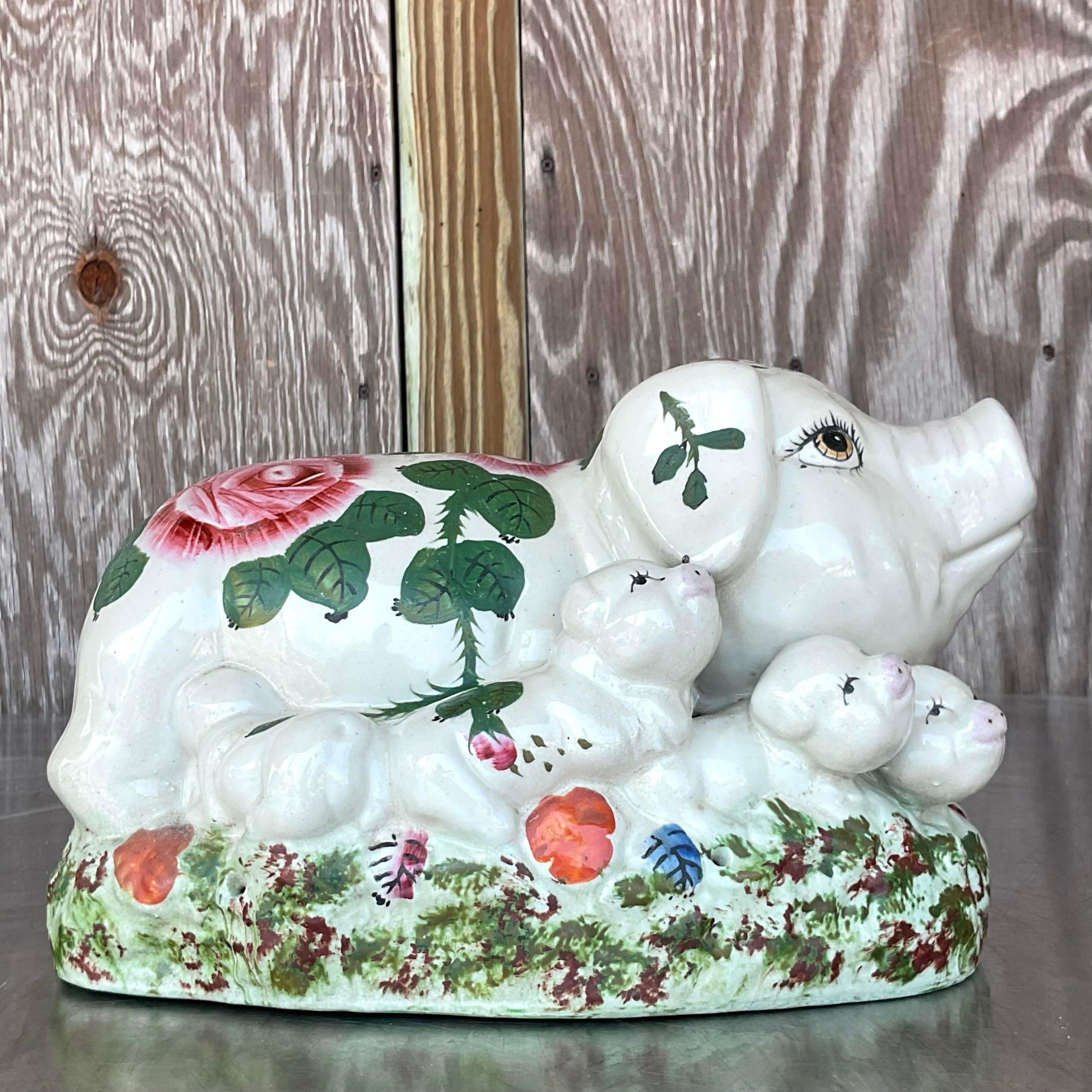 XX secolo Famiglia di maiali in ceramica dipinta a mano Vintage By in vendita