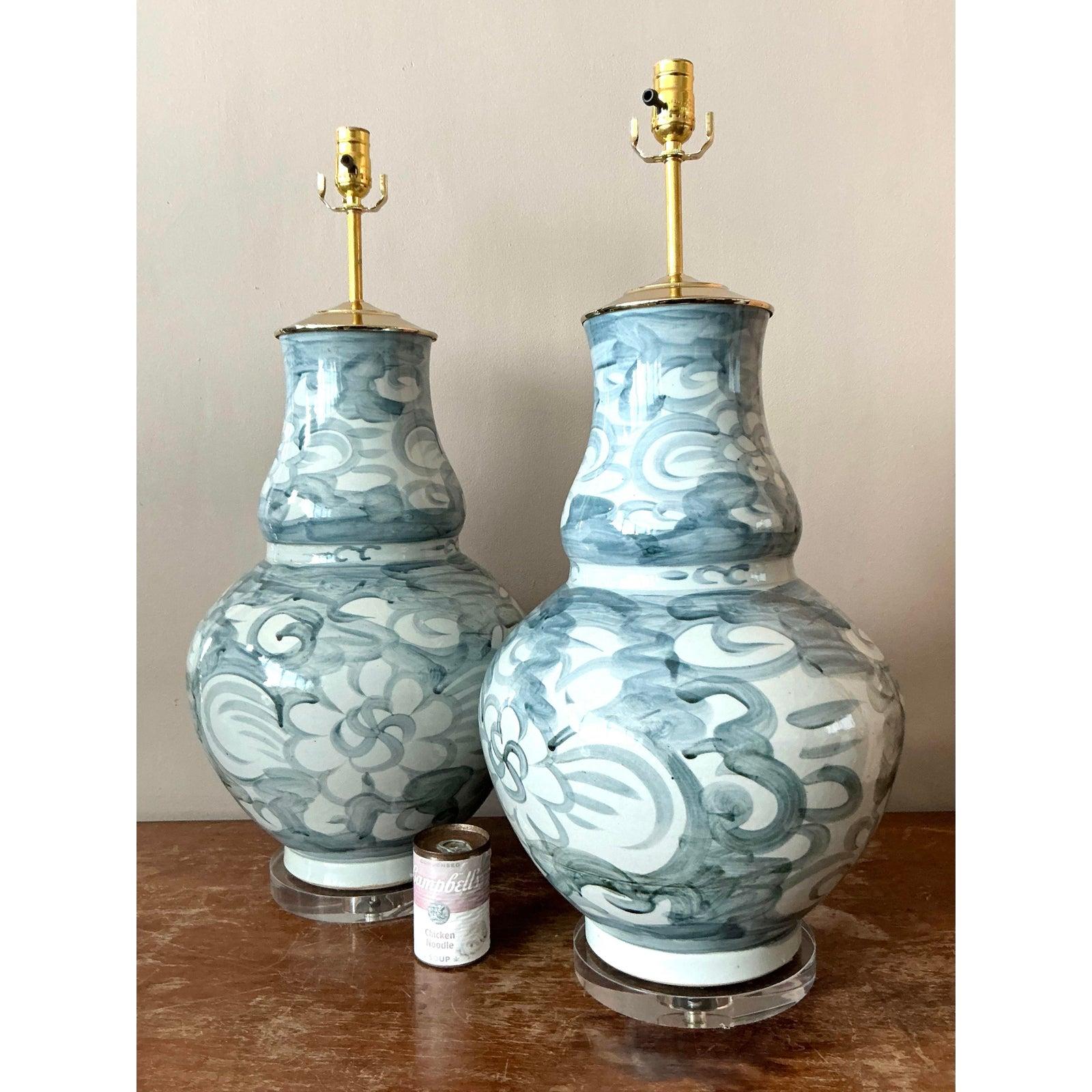 Chinoiserie Vintage Boho Hand Painted Ceramic Urn Lamps - A Pair For Sale