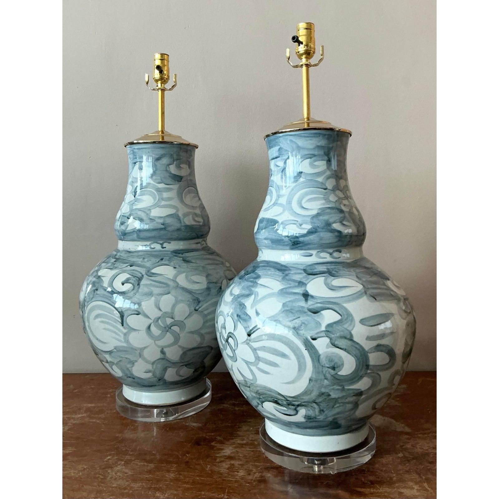 Chinese Vintage Boho Hand Painted Ceramic Urn Lamps - A Pair For Sale