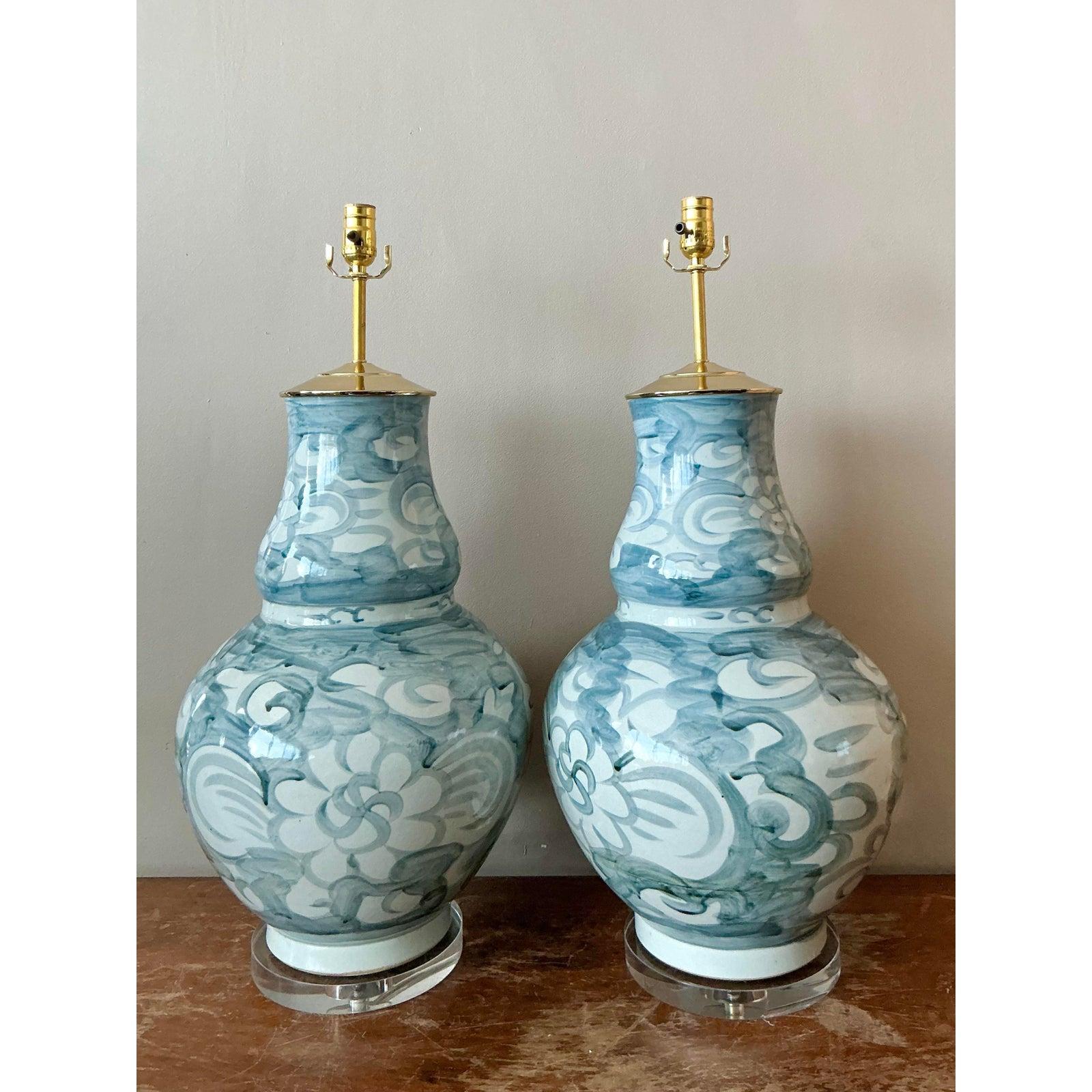 Vintage Boho Hand Painted Ceramic Urn Lamps - A Pair In Good Condition For Sale In West Palm Beach, FL