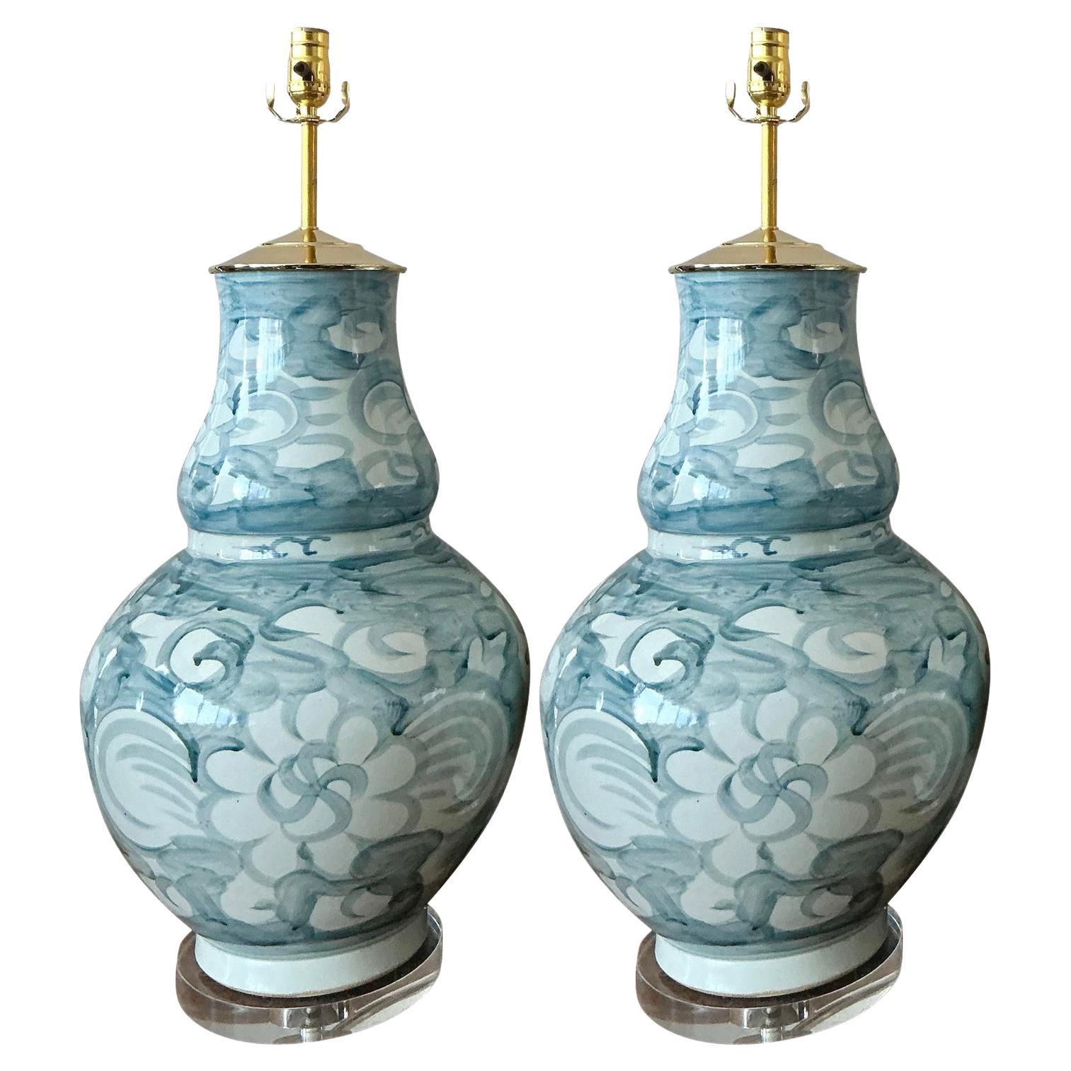 Vintage Boho Hand Painted Ceramic Urn Lamps - A Pair For Sale