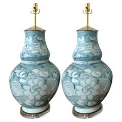 Vintage Boho Hand Painted Ceramic Urn Lamps - A Pair