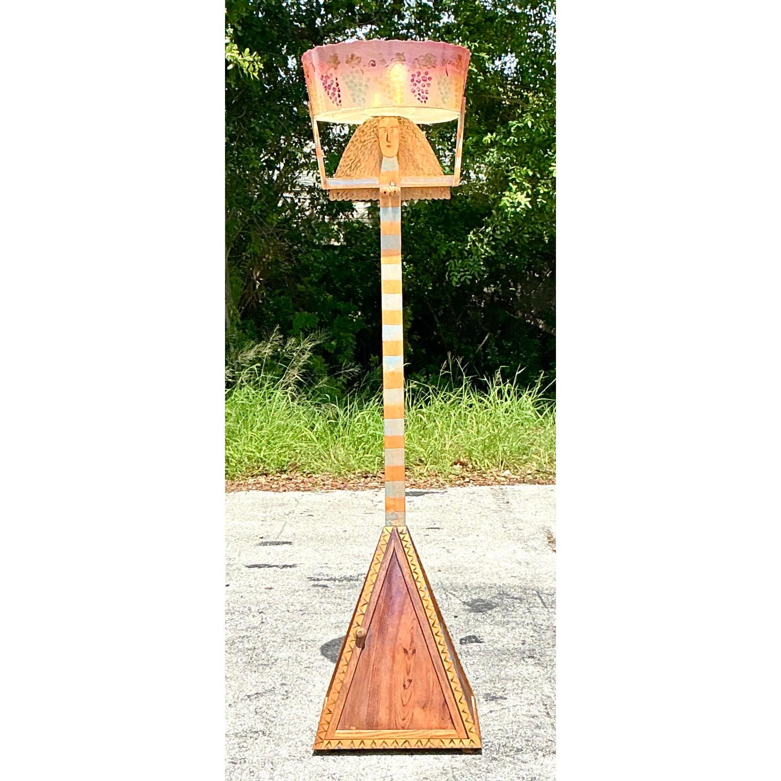 Folk Art Vintage Boho Hand Painted Female Floor Lamp For Sale