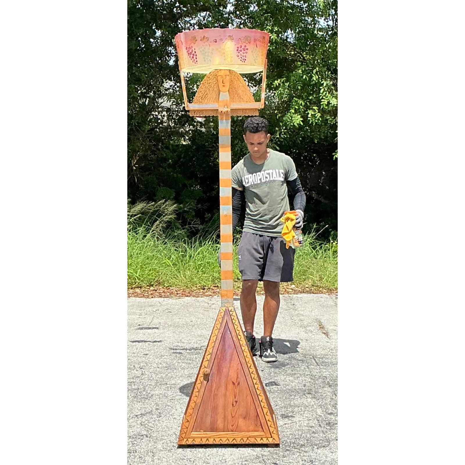 Vintage Boho Hand Painted Female Floor Lamp In Good Condition For Sale In west palm beach, FL