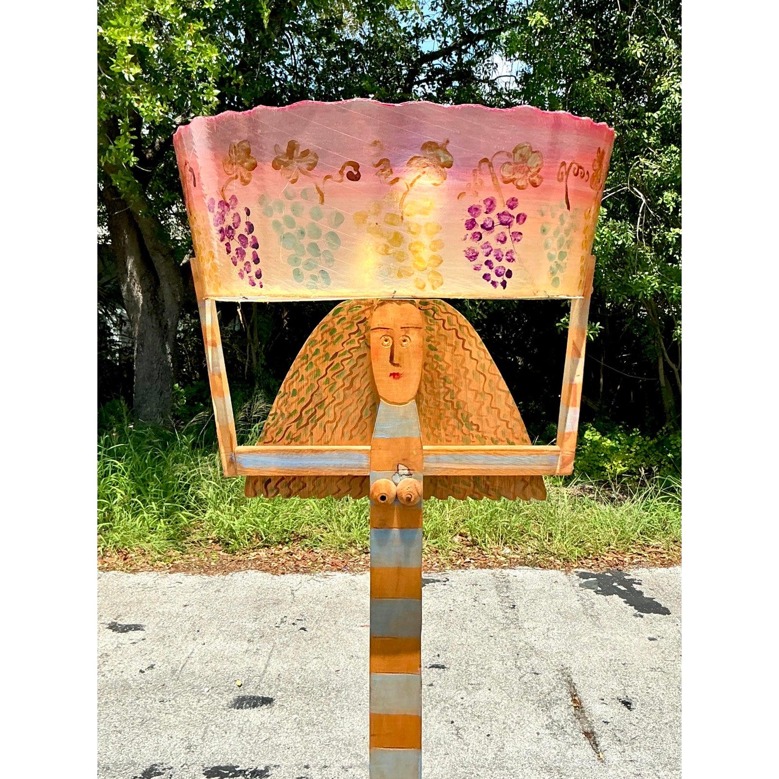 Fabric Vintage Boho Hand Painted Female Floor Lamp For Sale