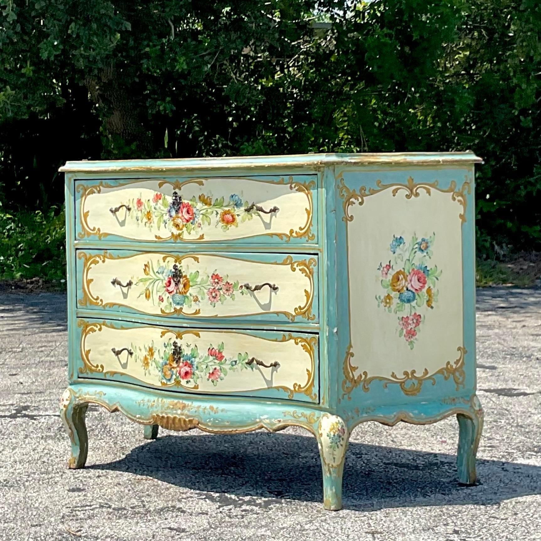 Vintage Boho Hand Painted Floral Dresser In Good Condition For Sale In west palm beach, FL