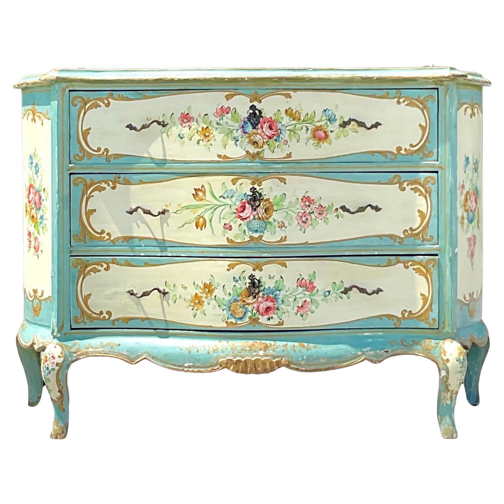 Vintage Boho Hand Painted Floral Dresser For Sale