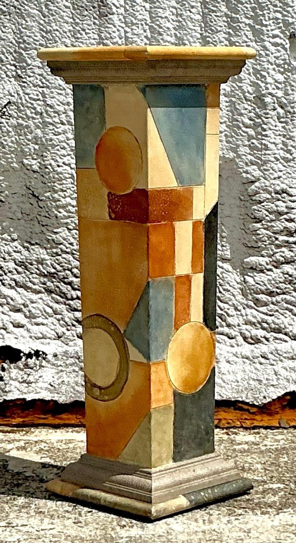 Vintage Boho Hand gemalt Geometrische Pedestal (amerikanisch) im Angebot