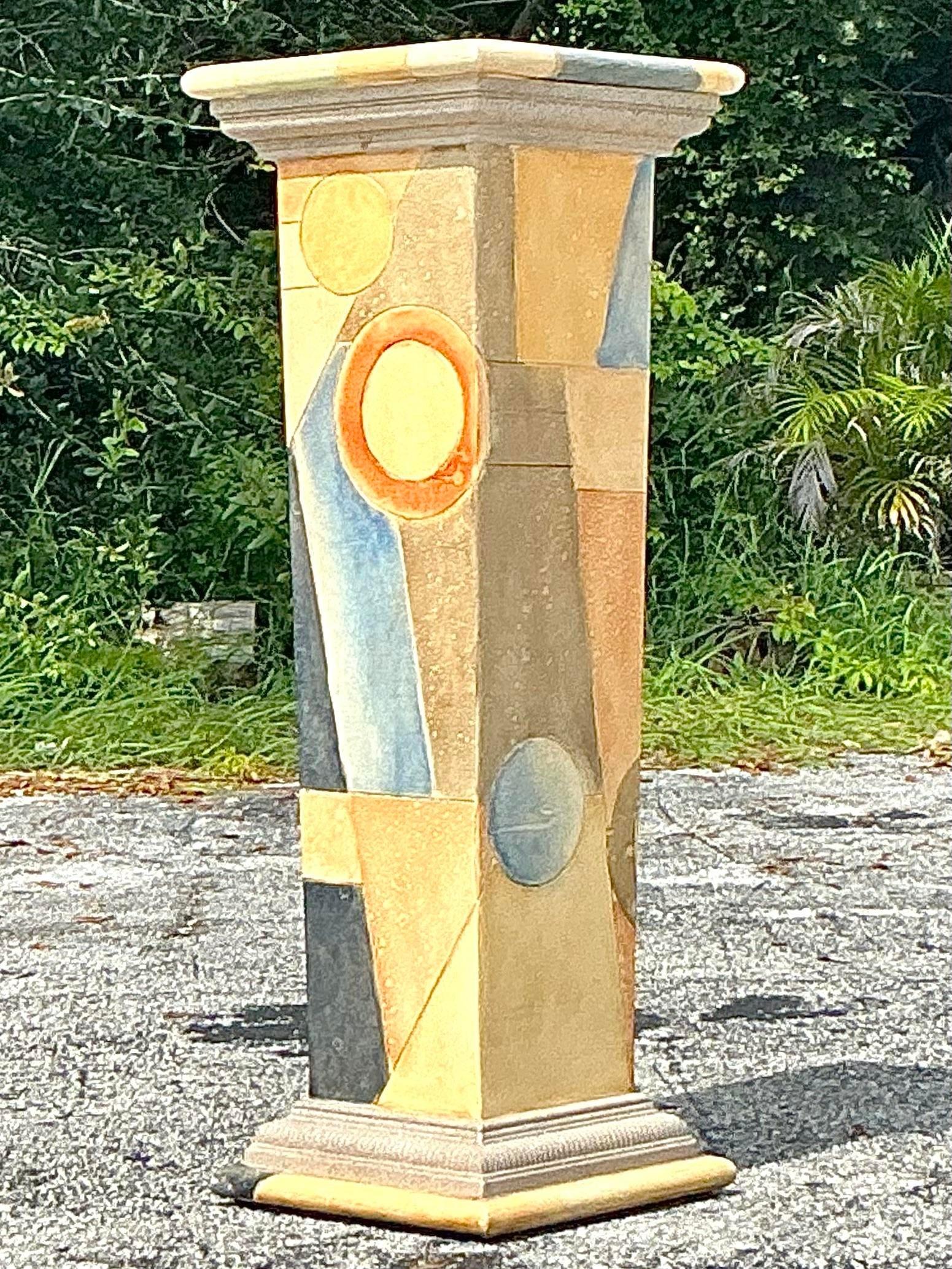Vintage Boho Hand gemalt Geometrische Pedestal im Zustand „Gut“ im Angebot in west palm beach, FL