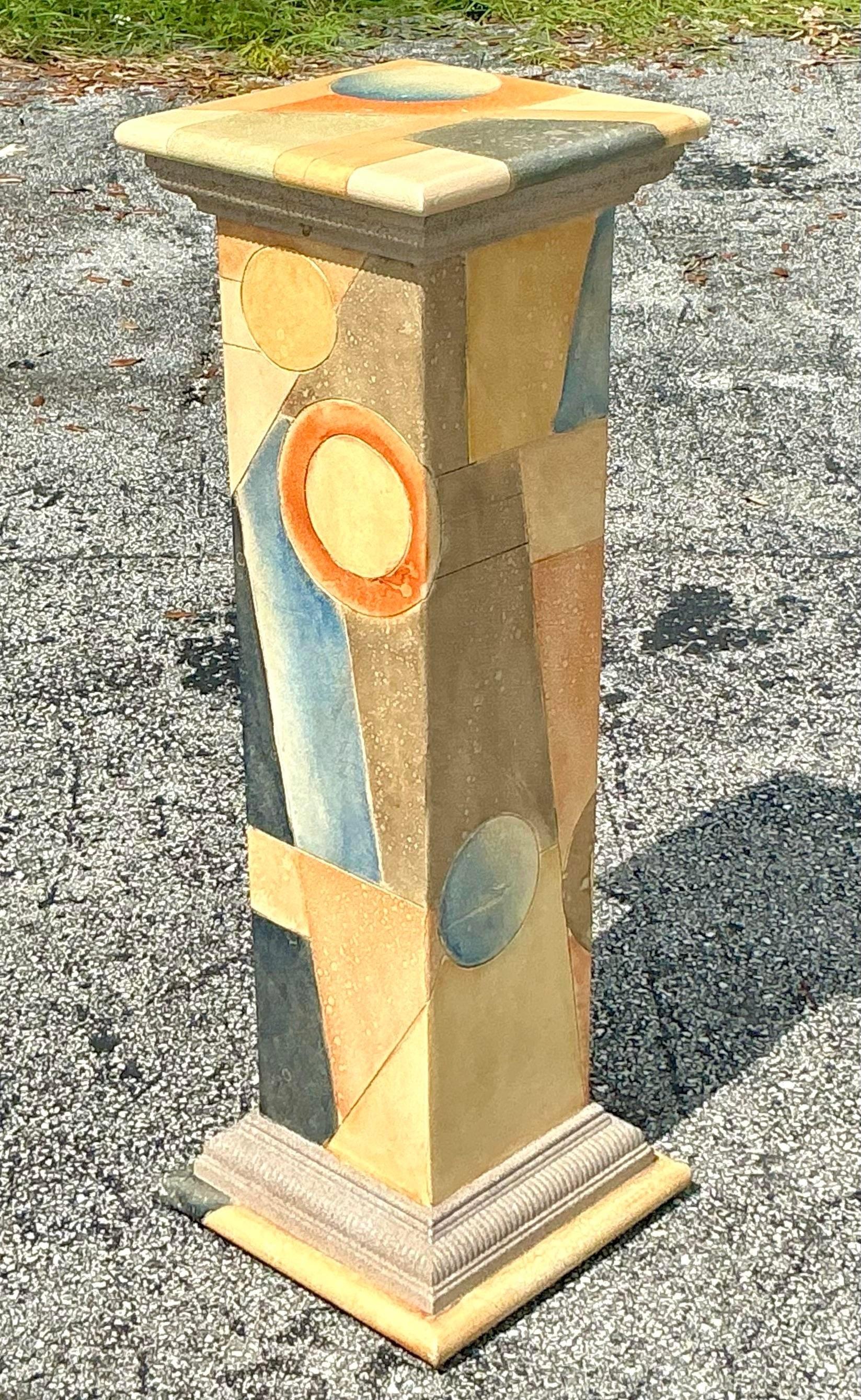 Vintage Boho Hand gemalt Geometrische Pedestal (20. Jahrhundert) im Angebot