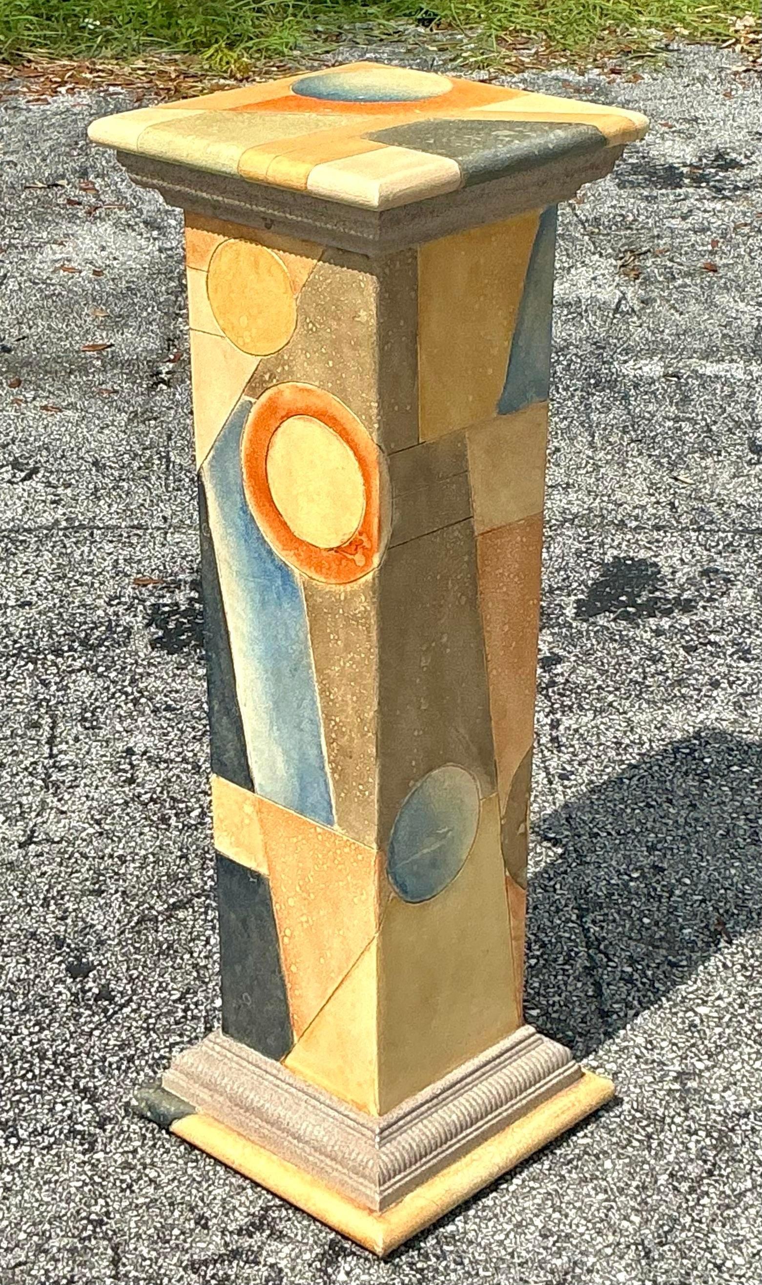 Vintage Boho Hand gemalt Geometrische Pedestal (Holz) im Angebot