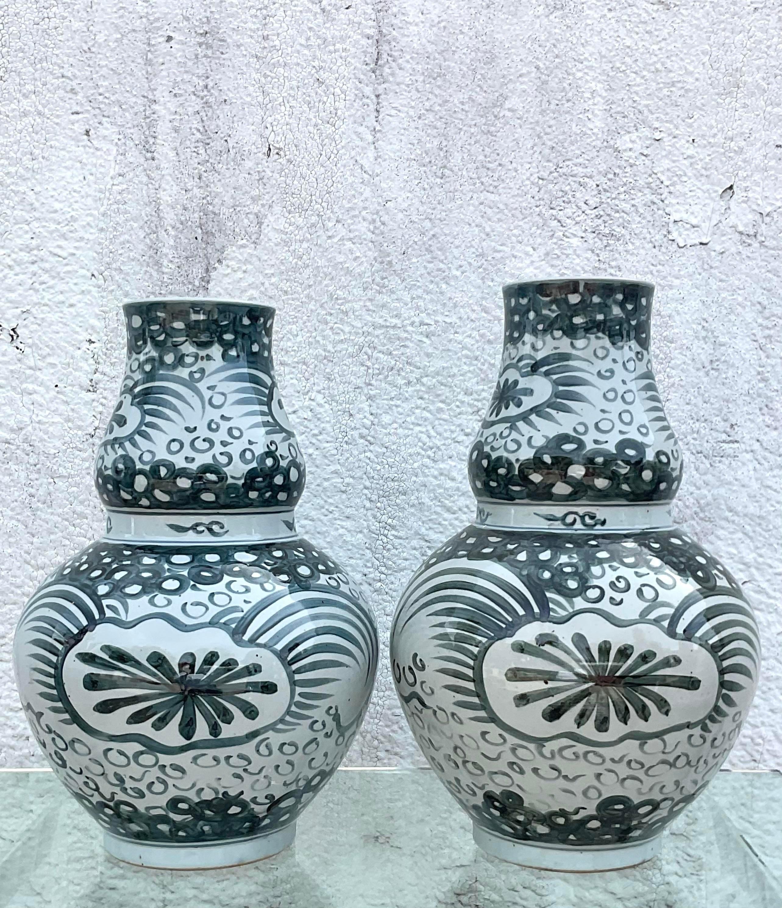 Chinese Vintage Boho Hand Painted Gourd Vase - a Pair