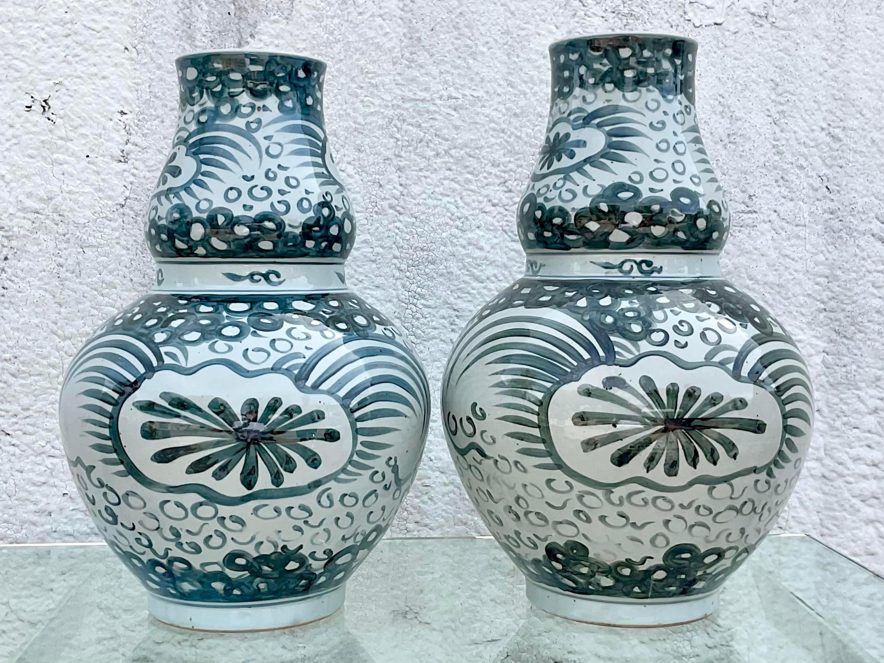 Vintage Boho Hand Painted Gourd Vase - a Pair In Good Condition In west palm beach, FL