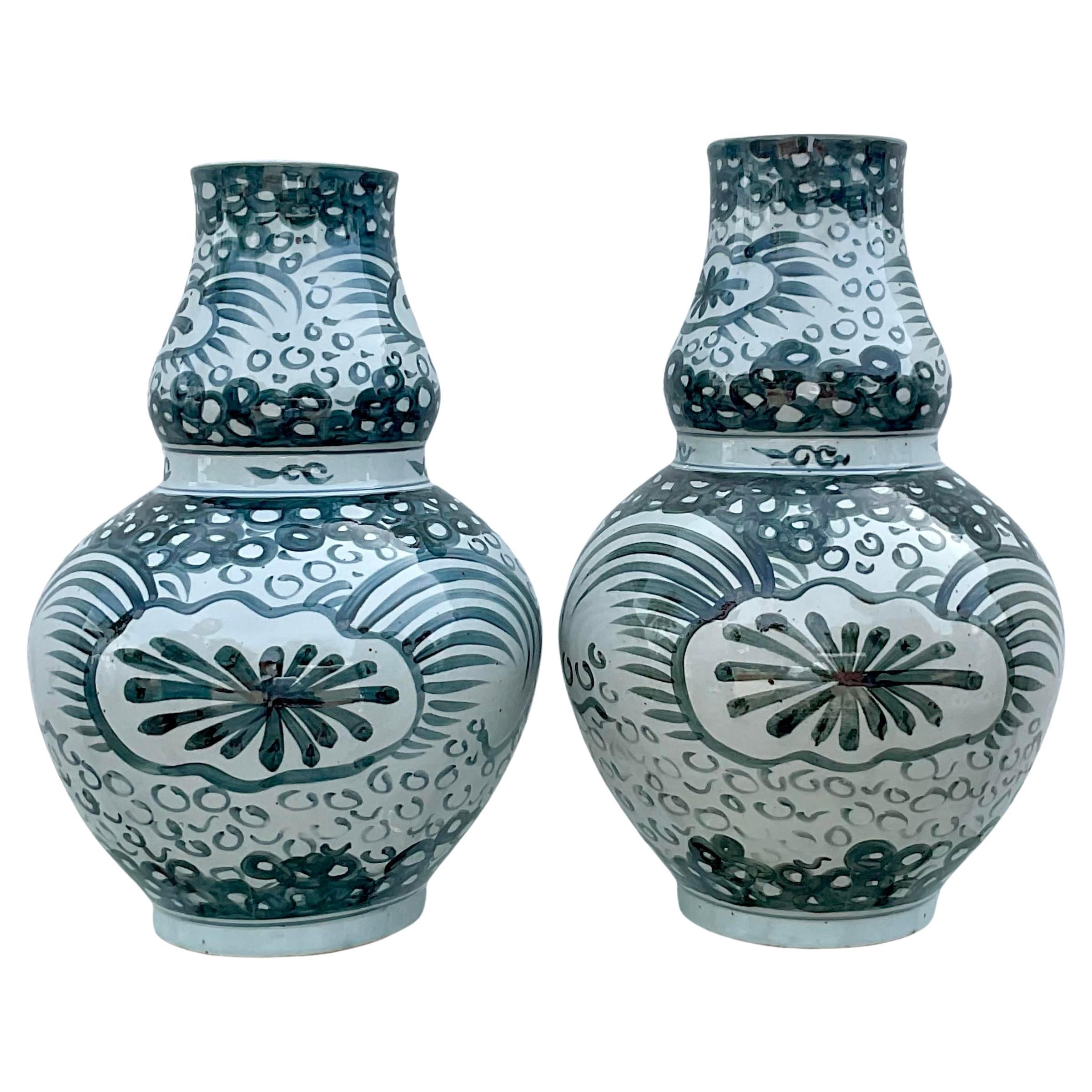 Vintage Boho Hand Painted Gourd Vase - a Pair